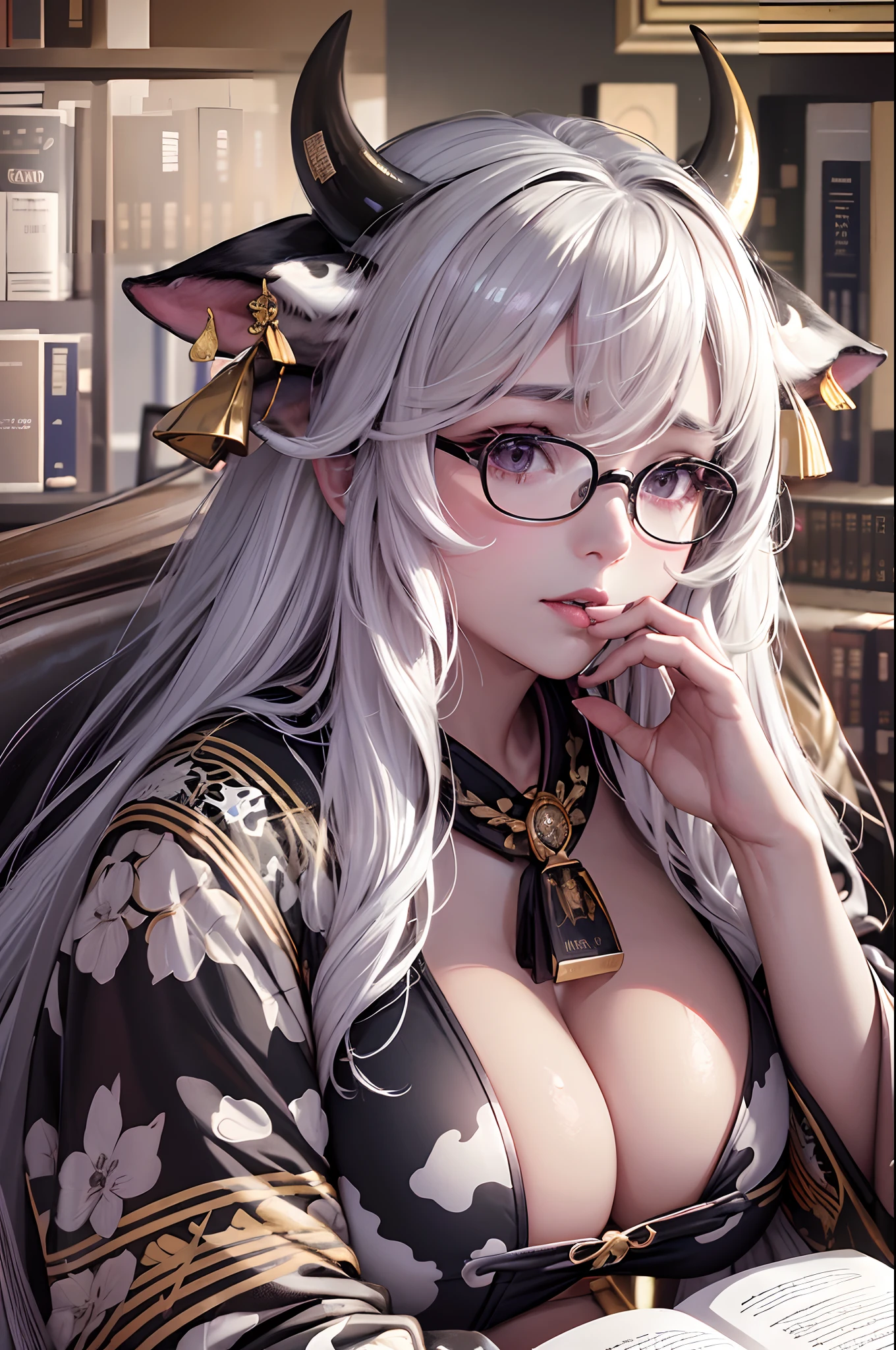 16K Ultra High Definition
Super detailed
The best of the best
Shiny detailed hair
Beautiful human woman with long hair
Super Big　plump meat
Black and white cow print kimono
Cow ears and cow small horns
Shiny skin
Red cheeks
Moisturized eyes
Wearing glasses
Reading a book at a desk
Rich breasts on desk on library background