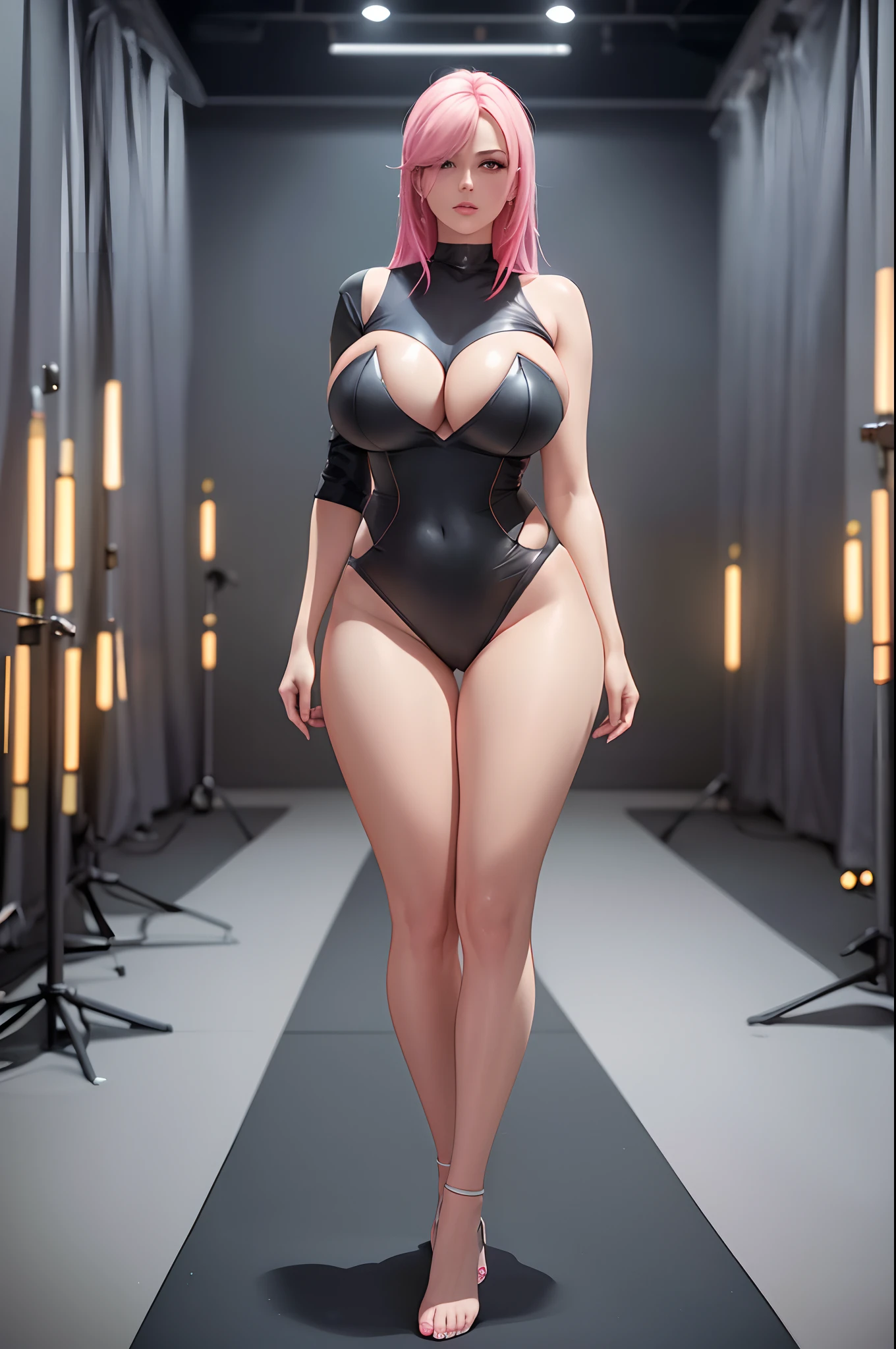 A cute woman, (bimbo:1.2), (bombshell:1.3), thin revealing clothes, super tight, legs apart, open cleavage, multicolored hair, lipstick, colored long nails, perfect hands fingers feet toes, bare feet, (best quality, 4k, 8k, highres, masterpiece:1.2), ultra-detailed, (realistic, photorealistic, photo-realistic:1.3), HDR, UHD, studio lighting, ultra-fine painting, sharp focus, physically-based rendering, extreme detail description, professional, vivid colors, bokeh, modern fashion photography, concept art, vibrant and colorful palette, soft and flattering studio lighting.