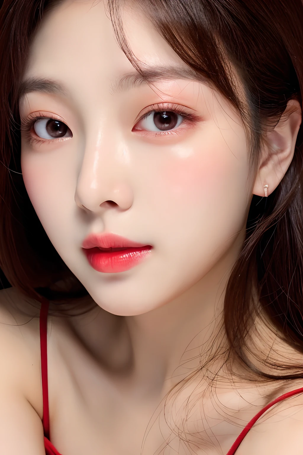 Close-up of a woman with long hair,popular south Korean makeup, pale round face, beautiful aesthetic face, With glowing red eyes., popular Korean makeup, wan adorable korean face, Pale radiant skin, jinyoung shin, headshot profile picture