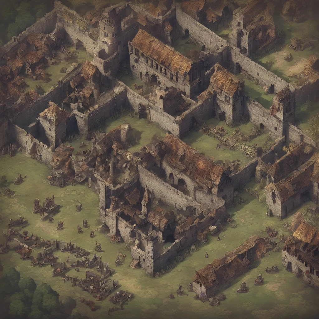 Medieval Town Stop Telling Tabletop, where it is completely destroyed, Protective walls around, zombies, Around the protective wall of the city is a black dead wasteland with zombies, He's got a style, which reflects a fantasy RPG city,