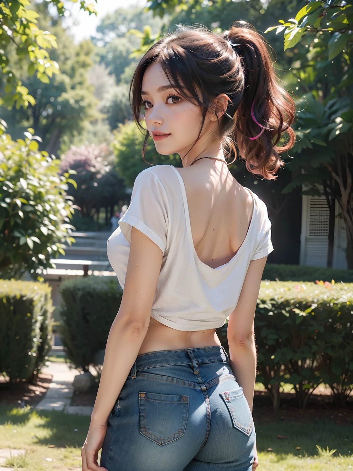 ((huge-breasted, 18 year old, Very small head)), Daylight, Sunlight, (Perfect body : 1.1), (short wavy hair:1.2, dark brown hair, Pink and blue mesh hair, Thin mesh), ((Full body shot)), (spacious white t-shirt, denim short pants), (in the park), (Very detailed CG 8k wallpaper), (extremely delicate and beautiful), (masterpiece), (Best Quality:1.0), (超A high resolution:1.0), (realisitic), beautiful lightning ,Perfect Lightning, Realistic Shadows, (High resolution), Detailed skin, Ultra-detailed, Slim body), (Beautiful hair, Real Hair, detailed hairs, High Ponytail), Fine Collarbone, Beautiful breasts, blush, Photorealistic, Realistic face, Realistic eyes, Small eyes, Cute smile, (((Colorful))), (eye liner), (mascara), (eye shadow), Looking back, angle from back,