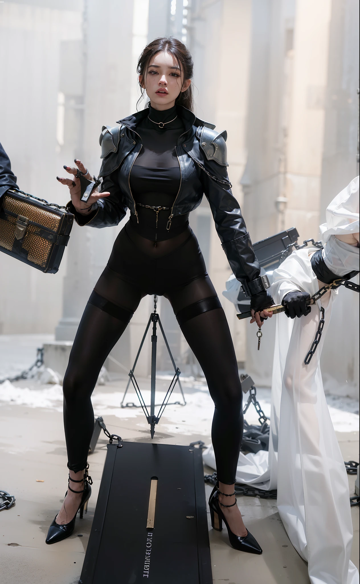 ,((Wearing a torn sheer costume of a superheroine)),(, No bra)), Wet crotch, Wet thighs, Beautiful girl with accentuated slender abs: 1.4, (((nipple tips protruding, areola is protruding, The shape of the pubic region is clearly visible)), sixpack abs: 1.4, Bust Botox, Photo, Sharpness, Unique 850 4, Koda850 k portrait camera, F1.6 shots, Ultra-realistic textures, Spectacular light textures, Cinestil 800 Fashion Mechanics, (futuristic sci-fi battle fashion: 1.1), (tied perfectly by chain), Restraint, Slaves, collars, ((wide prison with sunlight)), Dark fantasy, Realistic material details, extreme hight detail, Ultra-realistic materials ((Torn costume))), Wet, Cloudy, (Chained)), ((big emphasized by chains)), ((chains digging into crotch)), ( (Collar)), (, No bra), shredded costumes, broken golden shields and battle spears,, White combat gloves, Combat shoulder armor, Blood splattered on the face, Blood splattered, Realistic, (Bruises, Dirty, ripped clothing, skimpy clothing, Blood: 1.3),  Torn Cape, Torn pantyhose, Long legs, ((iron pipe in the crotch)), Metallic shackles and fetters, ((chains hung from heaven)), Wet crotch is clearly visible, Swarovski's sword and the anatomy beneath his feet, (futuristic sci-fi battle fashion, Torn mesh stockings),latex