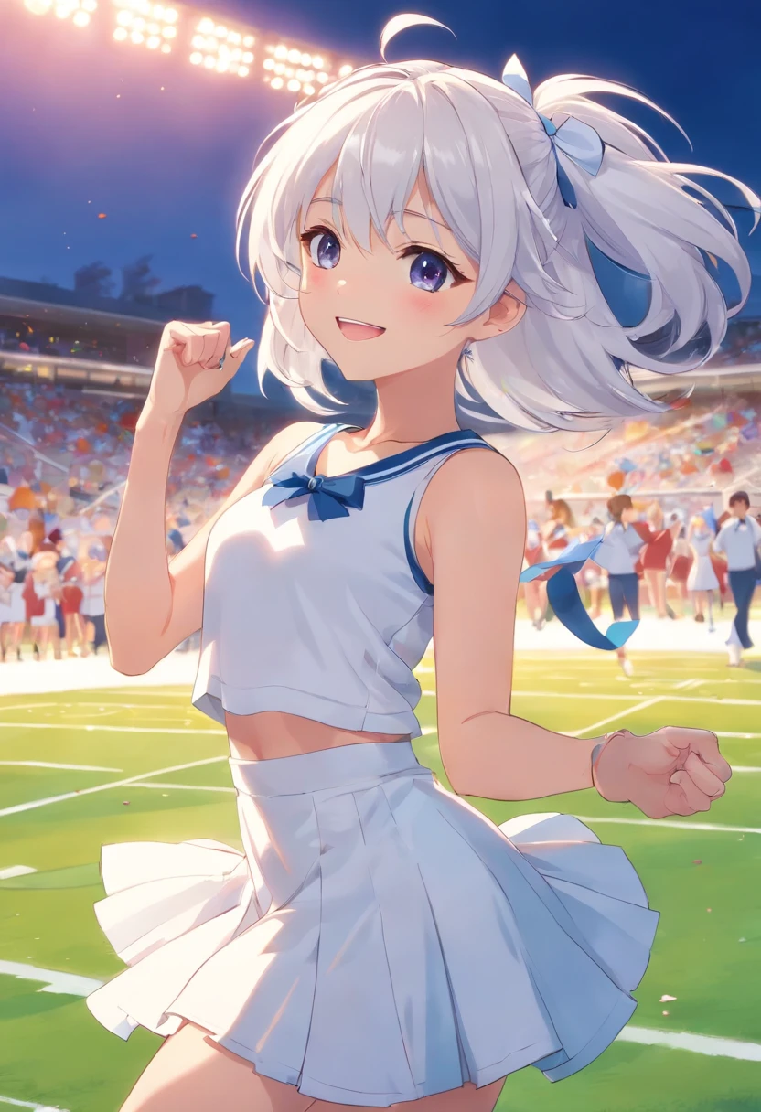 Silver Hair、blue eyes、girl、Small breasts、Twin tails、、girl、Small breasts、ta、Bright smile、Looks about 15 yan Musume、short、目のhighlight、Sexy thighs、Cheerleader、Please show me your armpits、Your eyes are so beautiful、highlight