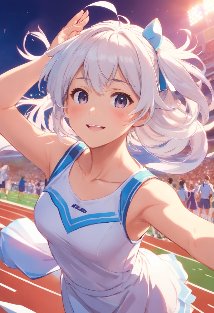 1 girl, college aged, cheer leading, field day, Wearing a white cheerleading dress, School Field, Happy、White hair、Longhaire、Hair is ragged、a smile、I'm rooting for you、Long white hair、White hair、Hair is fluttering、Blue headband、(Have a pom-pom)