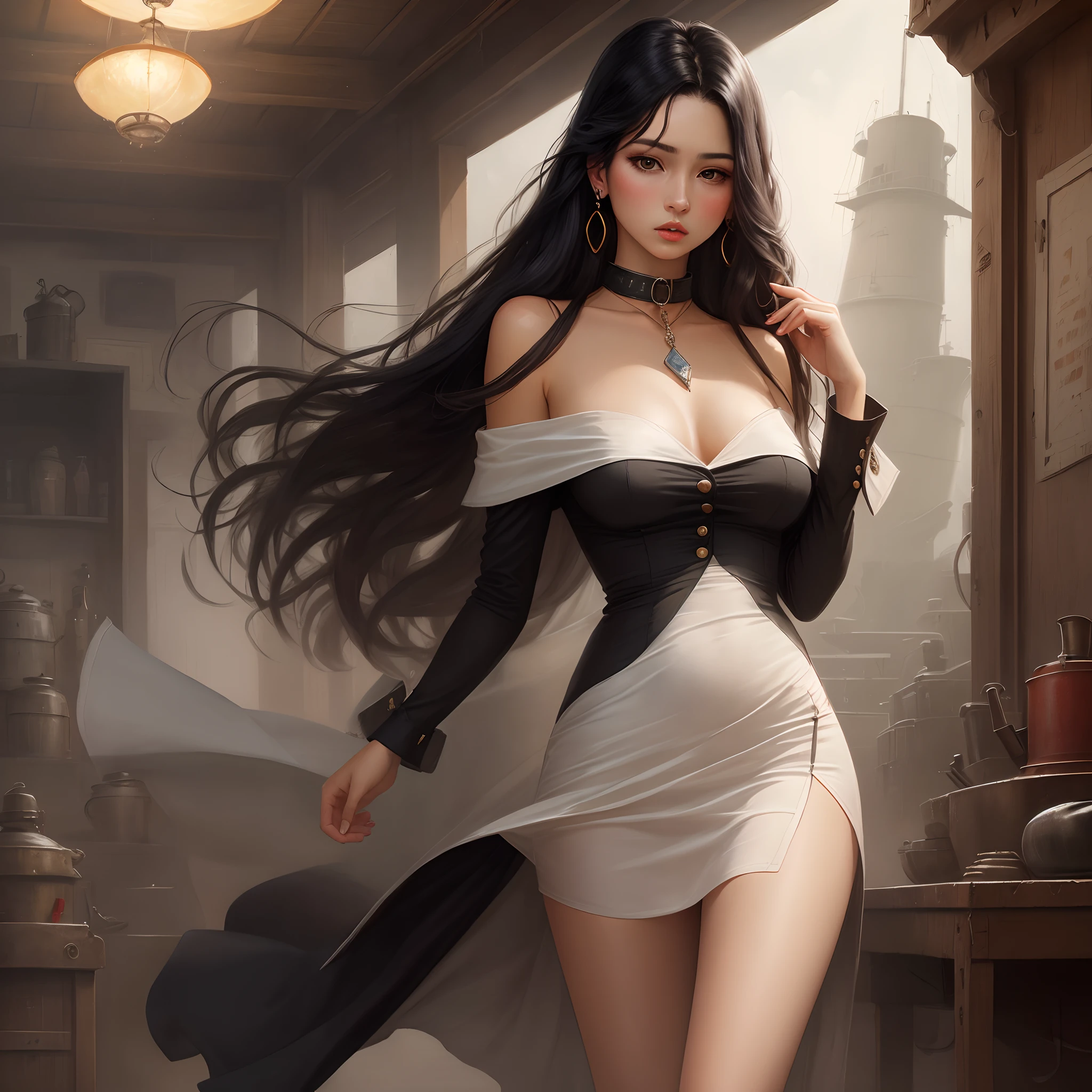 A Beautiful Girl, long black hair, Wearing earrings, Put on a collar, Slim dress, Open shoulders, Open the chest groove., miniskirt, It's at the warship outpost., oil painting