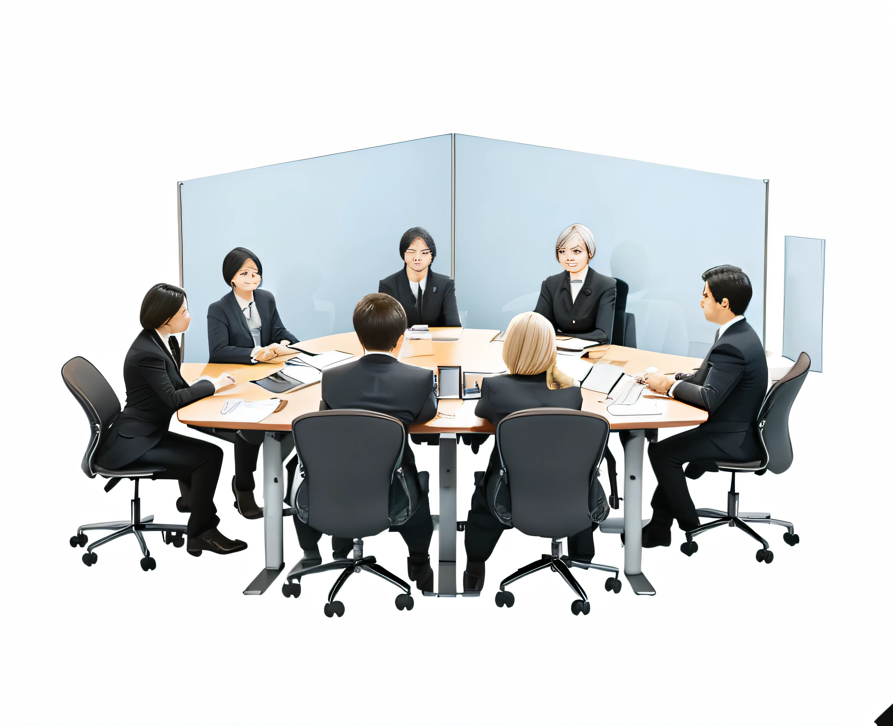 There was a group of people sitting around a table in the conference room, business meeting, business surrounding, in a meeting room, in meeting together, meeting room, group sit at table, table is centered, cubical meeting room office, Meeting point, drawn image, Transparent background, round format, corner office background, wide portrait, basic background, professional cooperate