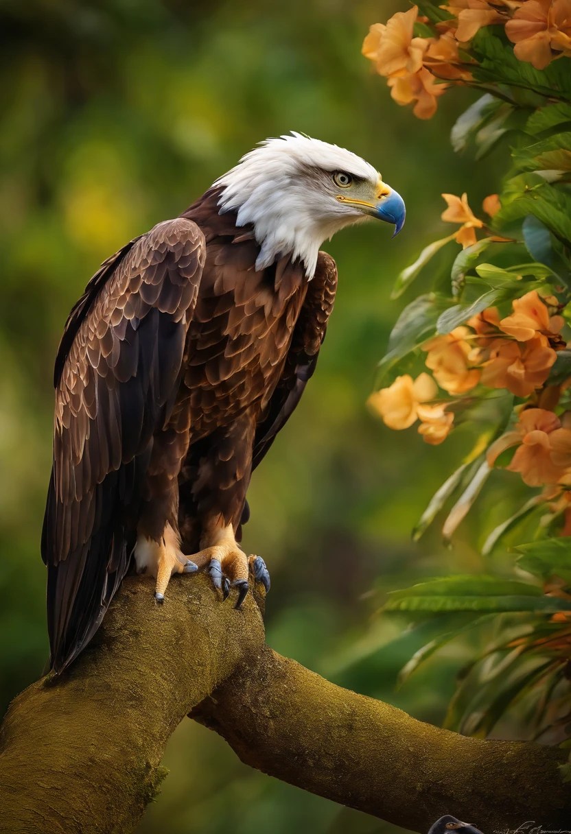 (best quality,4k,8k,alto,master part:1.2),ultra-detalhado,(Realistic,fotorrealista,photo-realistic:1.37),vivid colors,clear lighting,Eagle of Paradise, eagle, passarinho, Ave, penas coloridas,beleza deslumbrante,muitas cores,detalhes requintados,habitat natural,plumagem colorida,lindamente vibrante,Surprisingly vivid,unique patterns,Artistic portrait,feather patterns that blend perfectly,translucent wings,dinamic poses,movimentos graciosos,flutuando graciosamente pelo ar,folhagem verde exuberante,flores coloridas em flor,scenic background,Atmosfera harmoniosa,ambiente sereno,A charming spectacle,mesmerizing vision,breathtaking images,beleza inspiradora,Obra-prima transcendente,Artistic interpretation of nature.