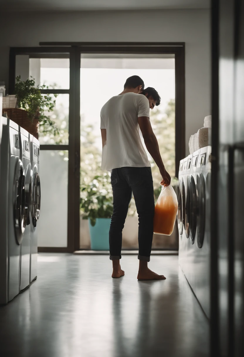 Rear view of a man holding bleach in the laundry room, JINS, White short-sleeved T-shirt, murky, natta,