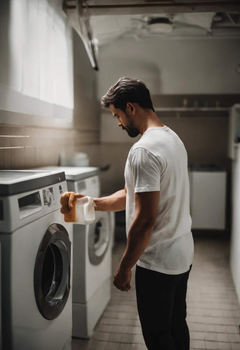 Rear view of a man holding bleach in the laundry room, JINS, White short-sleeved T-shirt, murky, natta,