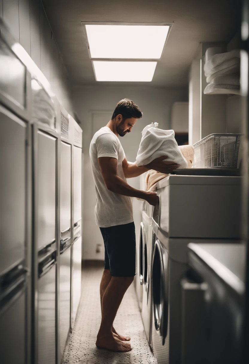 Rear view of a man holding bleach in the laundry room, JINS, White short-sleeved T-shirt, murky, natta,