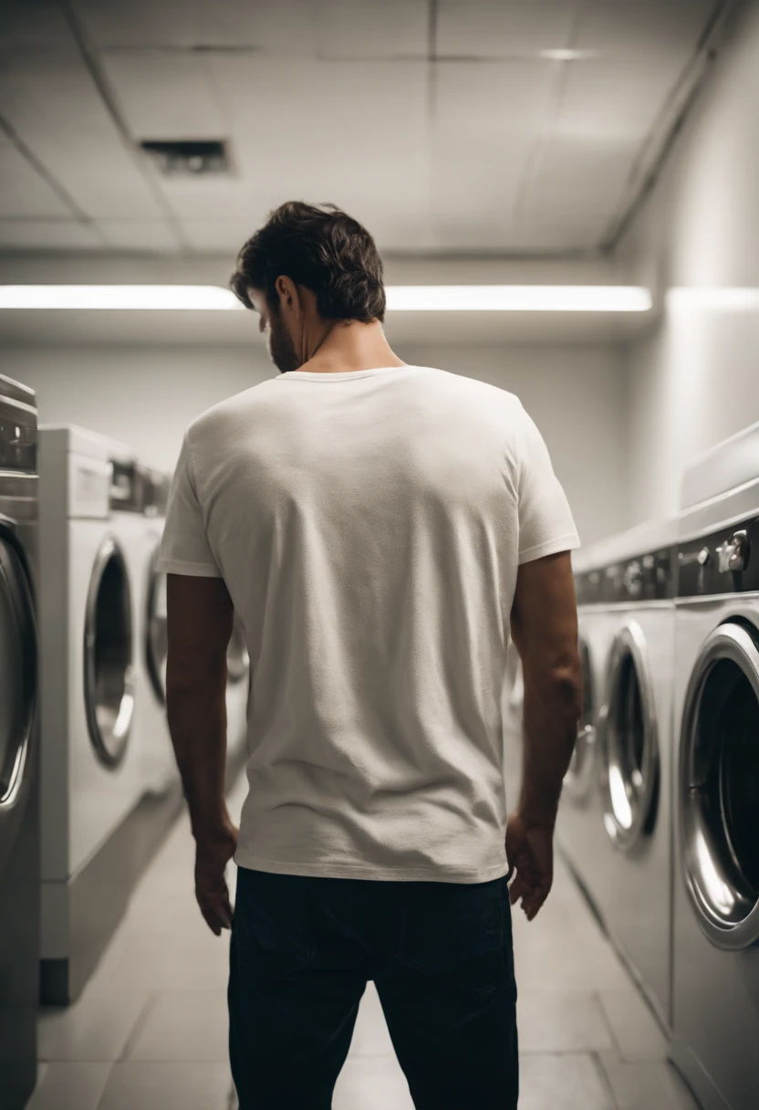 Rear view of a man holding bleach in the laundry room, JINS, White short-sleeved T-shirt, murky, natta,
