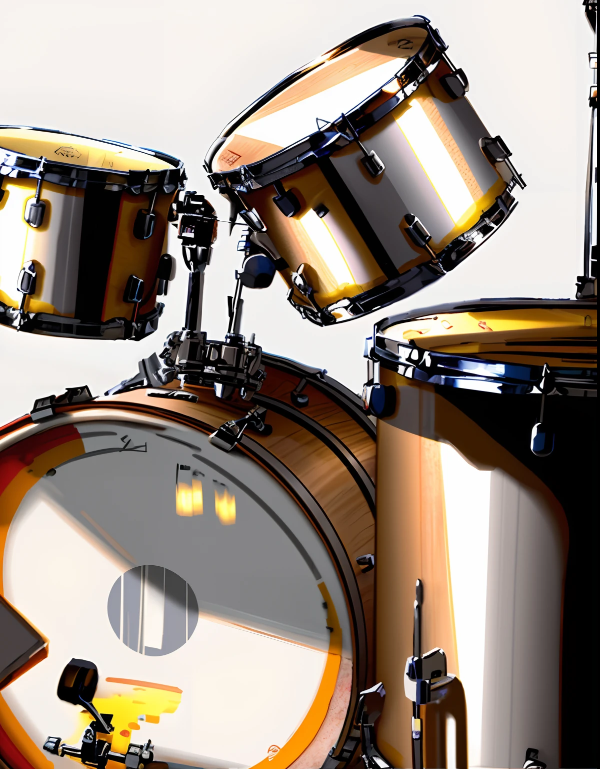 a close up of a drum set with a black background, drum kit, drums, drum set, drumkit, multiple bass drums, bass drum, detailed zoom photo, gradient brown to white, drummer, gradient brown to silver, portrait shot, heavy two tone shading, pearl, jazz, detailed shot, playing drums, on black background, medium closeup, soft shading, Random, psychedelic, in the style of Peter max