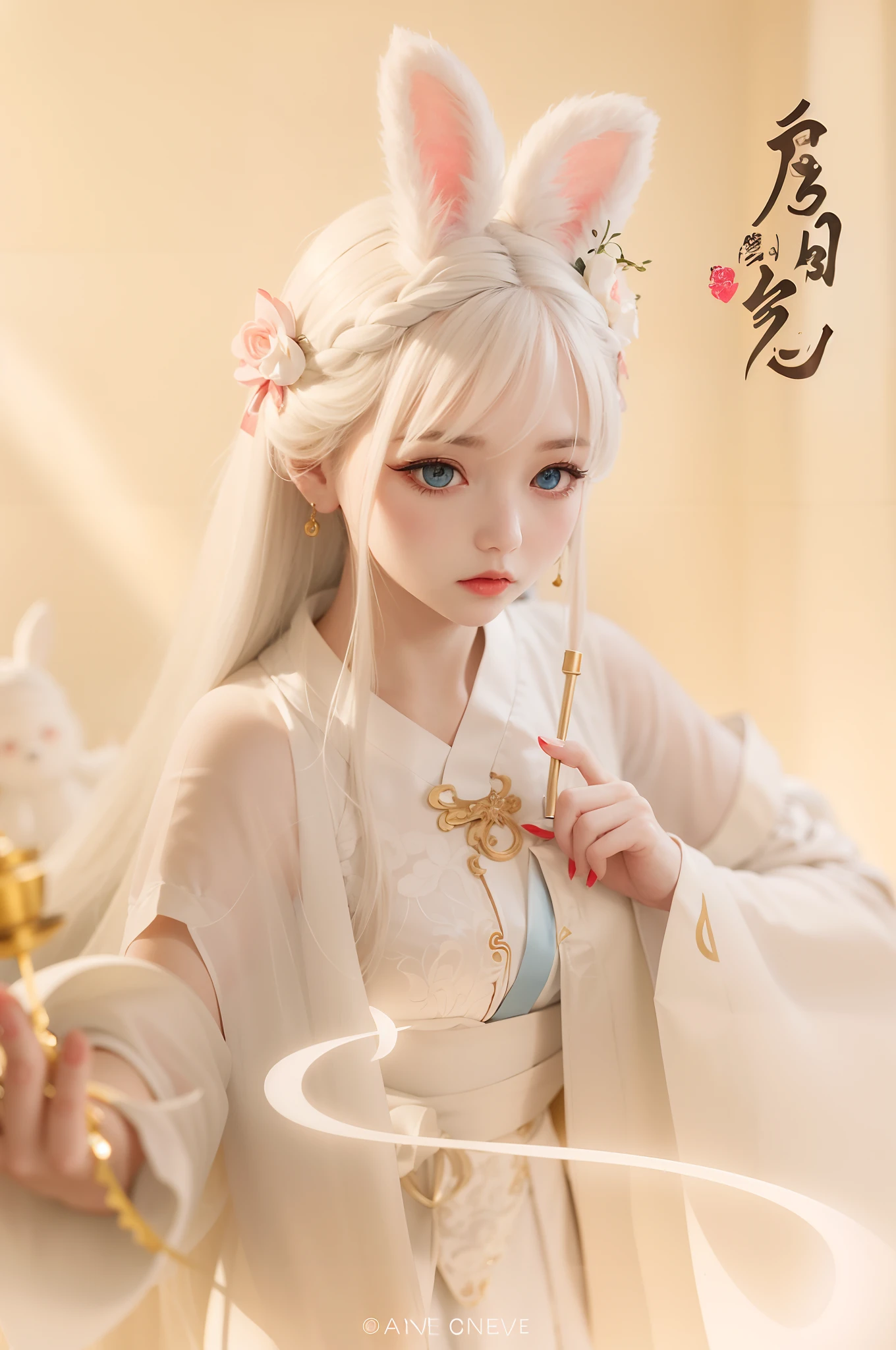 Doll with white hair and rabbit ears holding pen, White-haired god, White Hanfu, heise jinyao,Di Li Gerba, Palace ， A girl in Hanfu, Inspired by Bian Shoumin, with long white hair, xianxia fantasy, long  white hair, Hanfu, White-haired, Flowing white robe, drak，Cute bunny ears，ball jointed doll，blue color eyes，Long eyelashes，valentine，a plush，pale porcelain white skin，Guviz, detailed hairs，Guviz-style artwork, drak, white haired Cangcang, guweiz masterpiece, long  white hair, White-haired, Beautiful young wind spirit, small boobs，The photo is clear，The eye structure is correct，Extra-long lashes，Look to the right，paleskin，Bright eyes，k hd