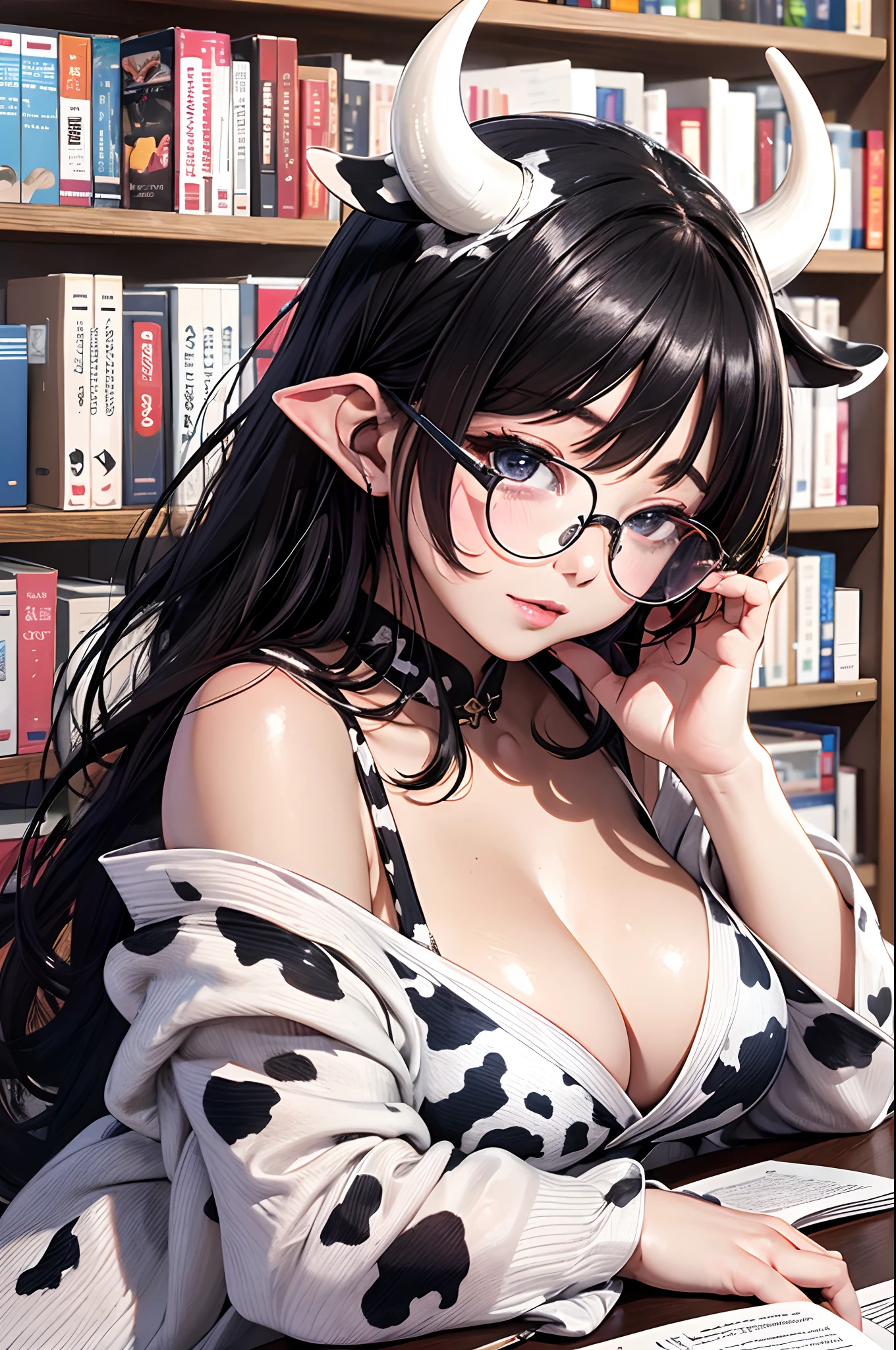 16K Ultra High Definition
Super detailed
The best of the best
Shiny detailed hair
Beautiful human woman with long hair
Super Big plump meat
Black and white cow print kimono
Cow ears and cow small horns
Shiny skin
Red cheeks
Moisturized eyes
Wearing glasses
Reading a book at a desk
Rich breasts on desk on library background