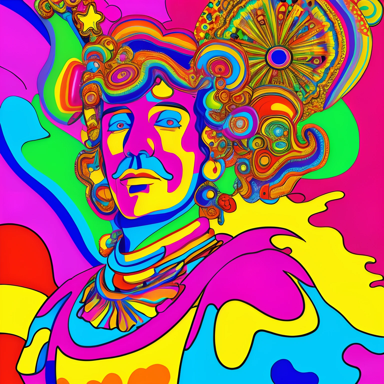 Random, psychedelic, in the style of Peter max