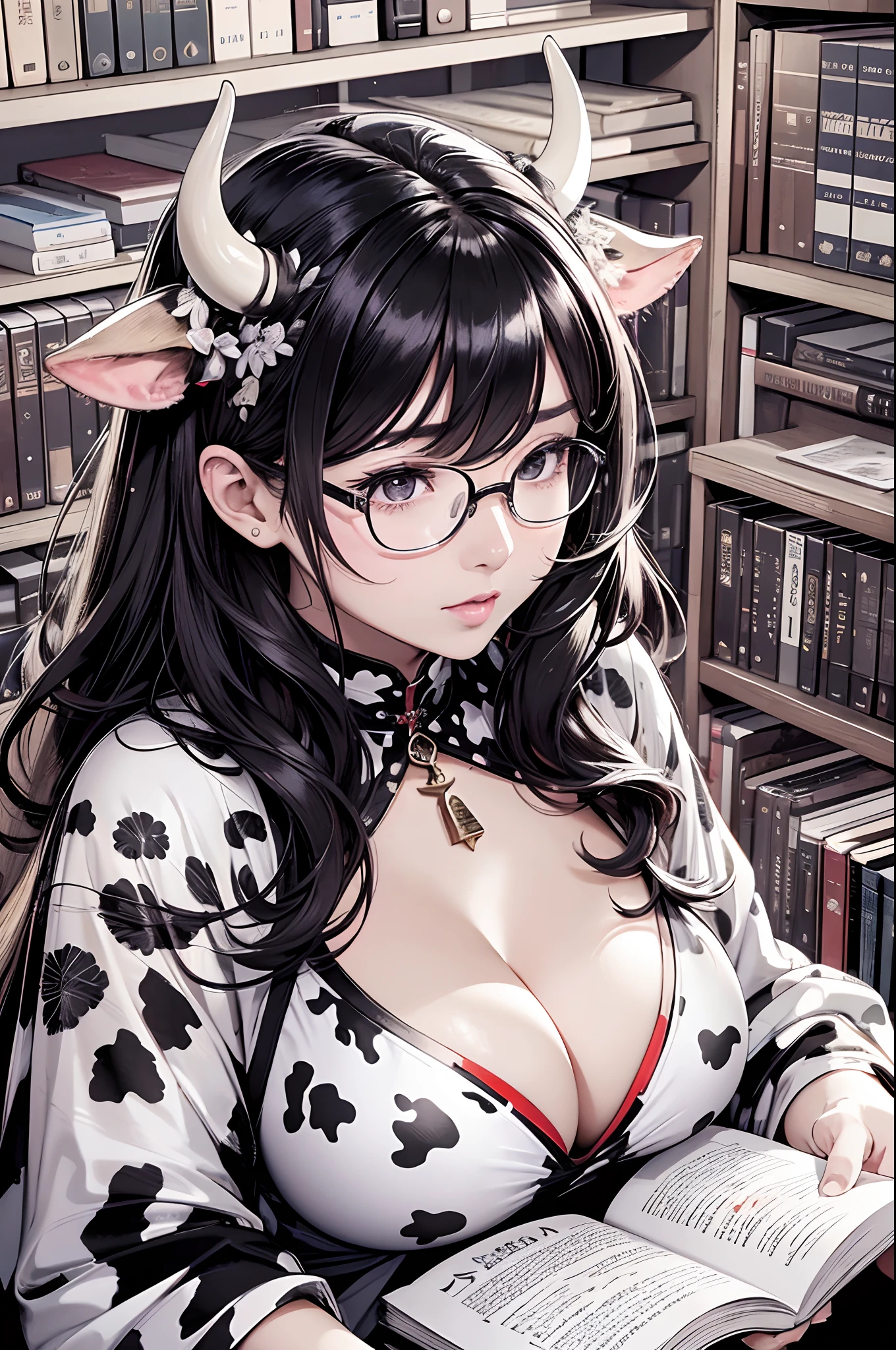 16K Ultra High Definition
Super detailed
The best of the best
Shiny detailed hair
Beautiful human woman with long hair
Super Big　plump meat
Black and white cow print kimono
Cow ears and cow small horns
Shiny skin
Red cheeks
Moisturized eyes
Wearing glasses
Reading a book at a desk
Rich breasts on desk on library background