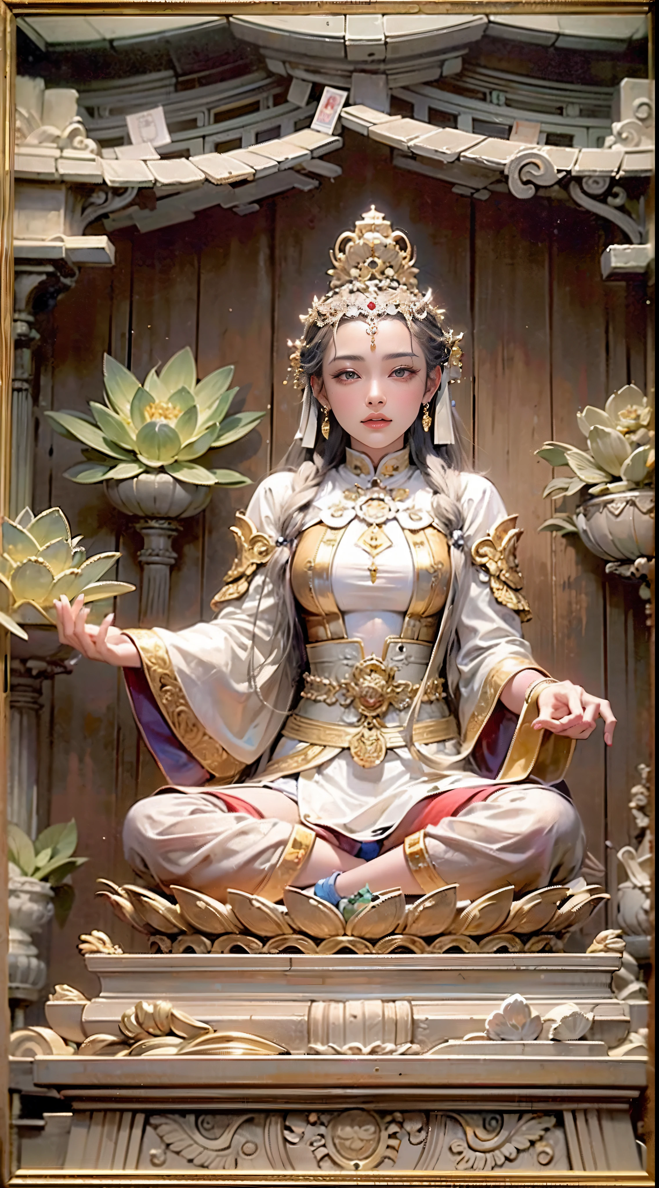 (Chinese immortals), (Buddhism), Multip_Hands,(mythological stories), (bodhisattva), She sits on a lotus, (Three hands on the left,Three hands on the right, Each hand holds a different Buddhist vessel, left right symmetry),(Delicate and beautiful face), (White silk robe)sitting on a lotus flower, Frontal photo,Light smile, neo-classical, OP Art, Chiaroscuro, Cinematic lighting, god light, Ray tracing, character sheets, projected inset, first person perspective, hyper HD, Masterpiece, ccurate, Textured skin, Super detail, High details, High quality, Award-Awarded, Best quality, A high resolution, 8K