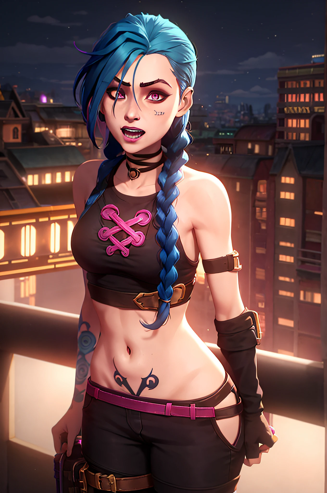 Masterpiece, Jinx from Arcane, flirty expression, transparent teddy and garter belt, leaning forward, secret lair background, intricately detailed background, (UHD, 8K wallpaper, High resolution), Cinematic lighting, award-winning, extremely detailed skin, extra detailed face, high detail eyes, photo-realistic, Zeiss 85 mm F/1.4, by Ellen von Unwerth