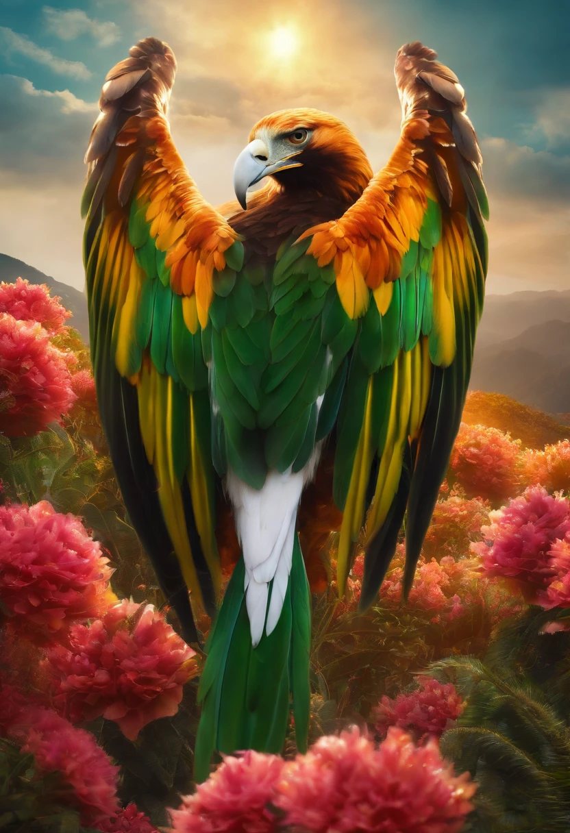 (best quality,4k,8k,alto,master part:1.2),ultra-detalhado,(Realistic,fotorrealista,photo-realistic:1.37),vivid colors,clear lighting, Eagle of Paradise with gold wings, gold bird, passarinho, Ave, penas coloridas,beleza deslumbrante,muitas cores,detalhes requintados,habitat natural,plumagem colorida,lindamente vibrante,Surprisingly vivid,unique patterns,Artistic portrait,feather patterns that blend perfectly,translucent wings,dinamic poses,movimentos graciosos,flutuando graciosamente pelo ar,folhagem verde exuberante,flores coloridas em flor,scenic background,Atmosfera harmoniosa,ambiente sereno,A charming spectacle,mesmerizing vision,breathtaking images,beleza inspiradora,Obra-prima transcendente,Artistic interpretation of nature.