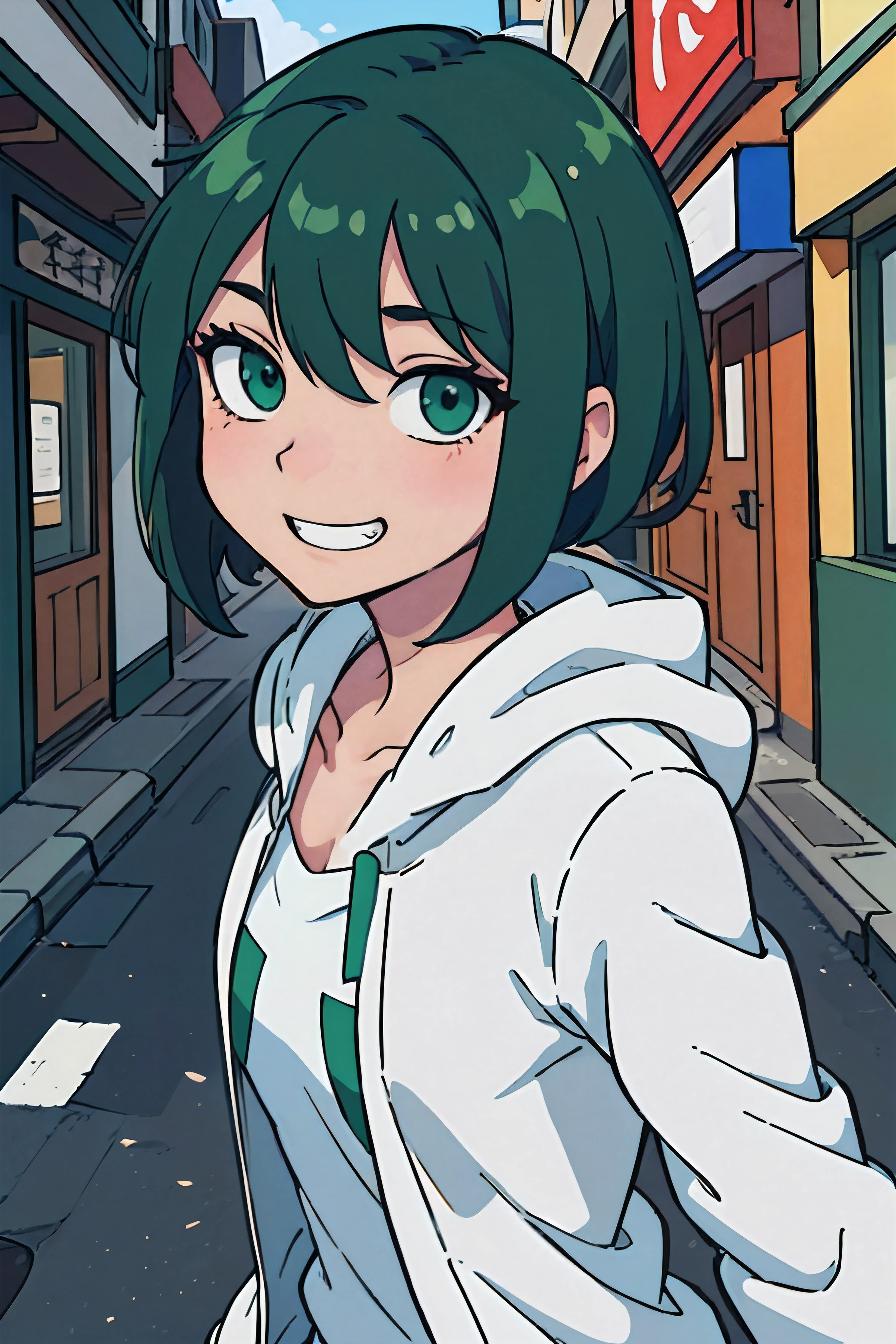 (best qualtiy:0.8),(best qualtiy:0.8),Perfect anime illustration,Extreme close-up portrait of a beautiful woman walking through the city,Skinny,Green short bob hair,Manteau blanc,Green eyes,grin,Crazy