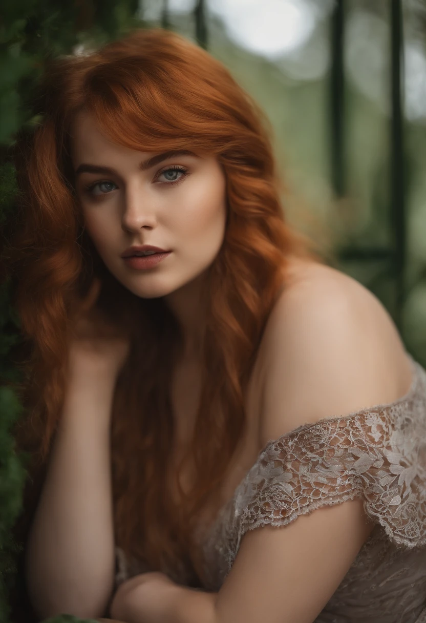 Une belle fille rousse avec des taches de rousseur, 18 ans, sexy et thicc, Yeux verts, gros seins, gros cul, moite, Brillant, lewd face