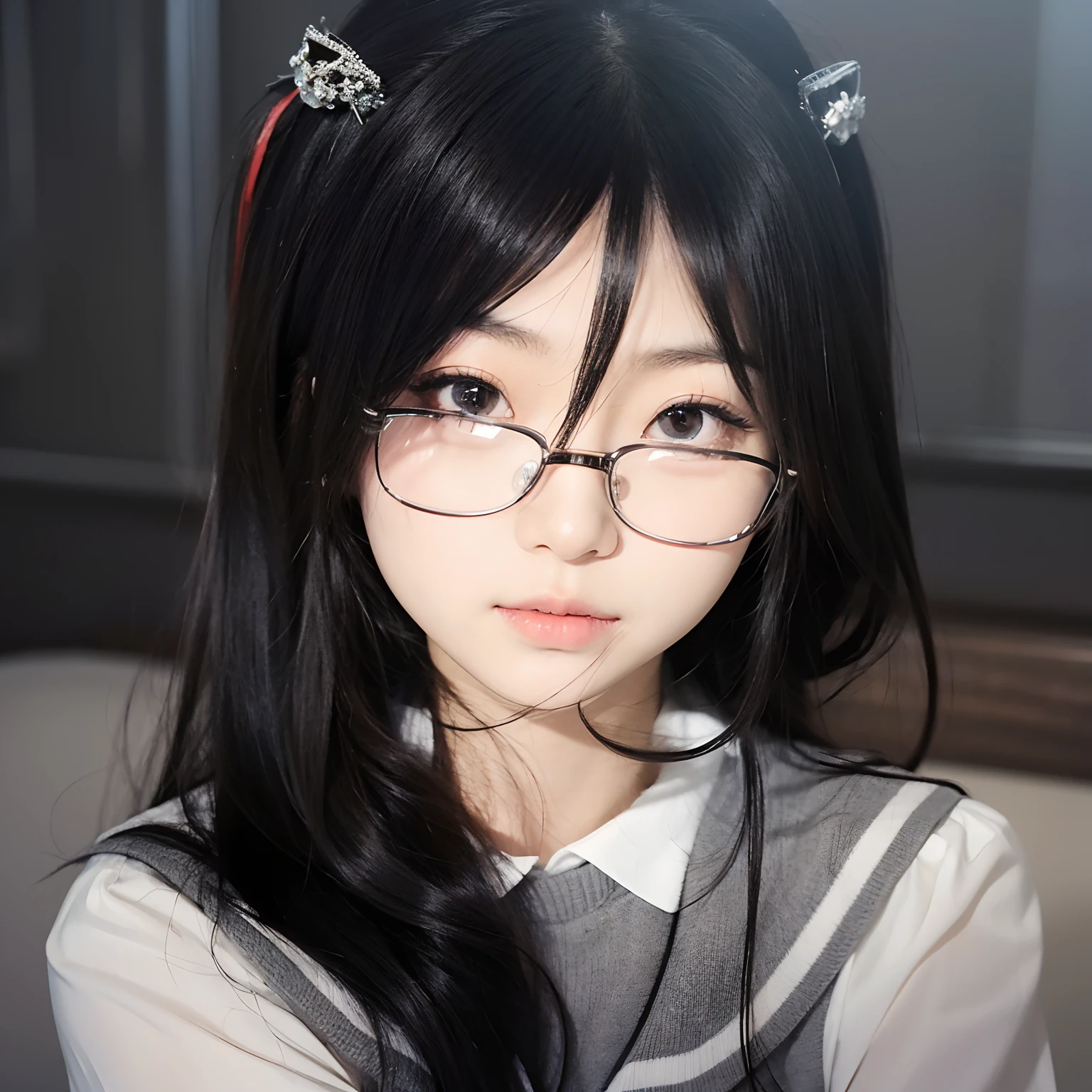 1girl, Asuka Tanaka, Long Hair, Black Hair, Glasses, Gray Uniform, realistic, ultra detail, 70mm lens,