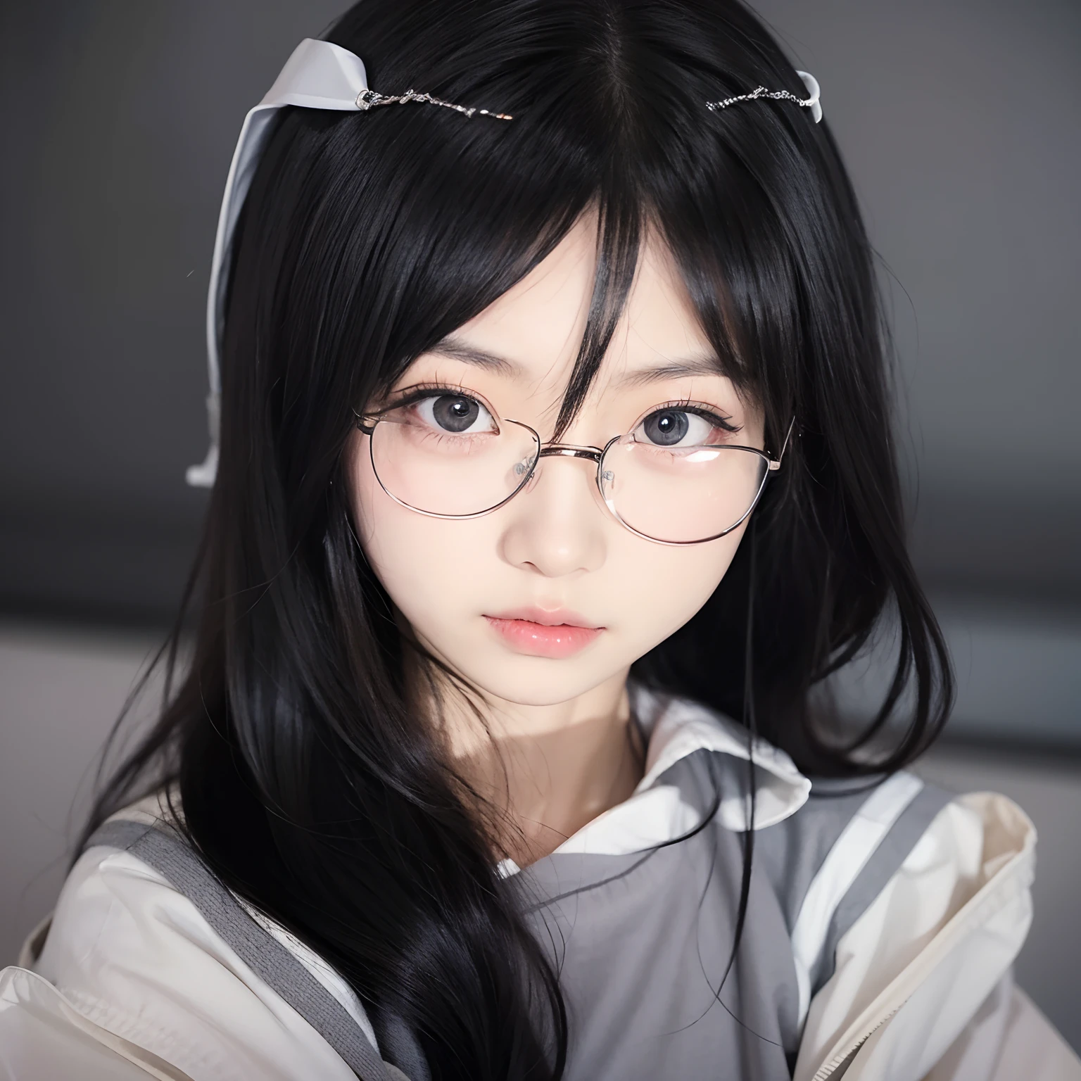 1girl, Asuka Tanaka, Long Hair, Black Hair, Glasses, Gray Uniform, realistic, ultra detail, 70mm lens,