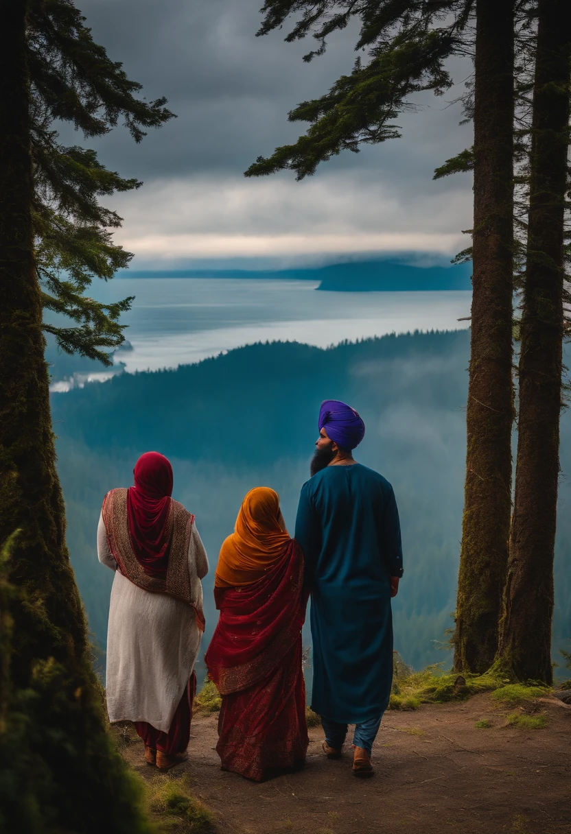A 52 years old naked Indonesian woman in green hijab, wearing eyeglasses, smiling and standing in a dark forest, look to the viewer with eye close, dense pubic hair, darker skin, curvier body, short body, flat-chested, small breasts