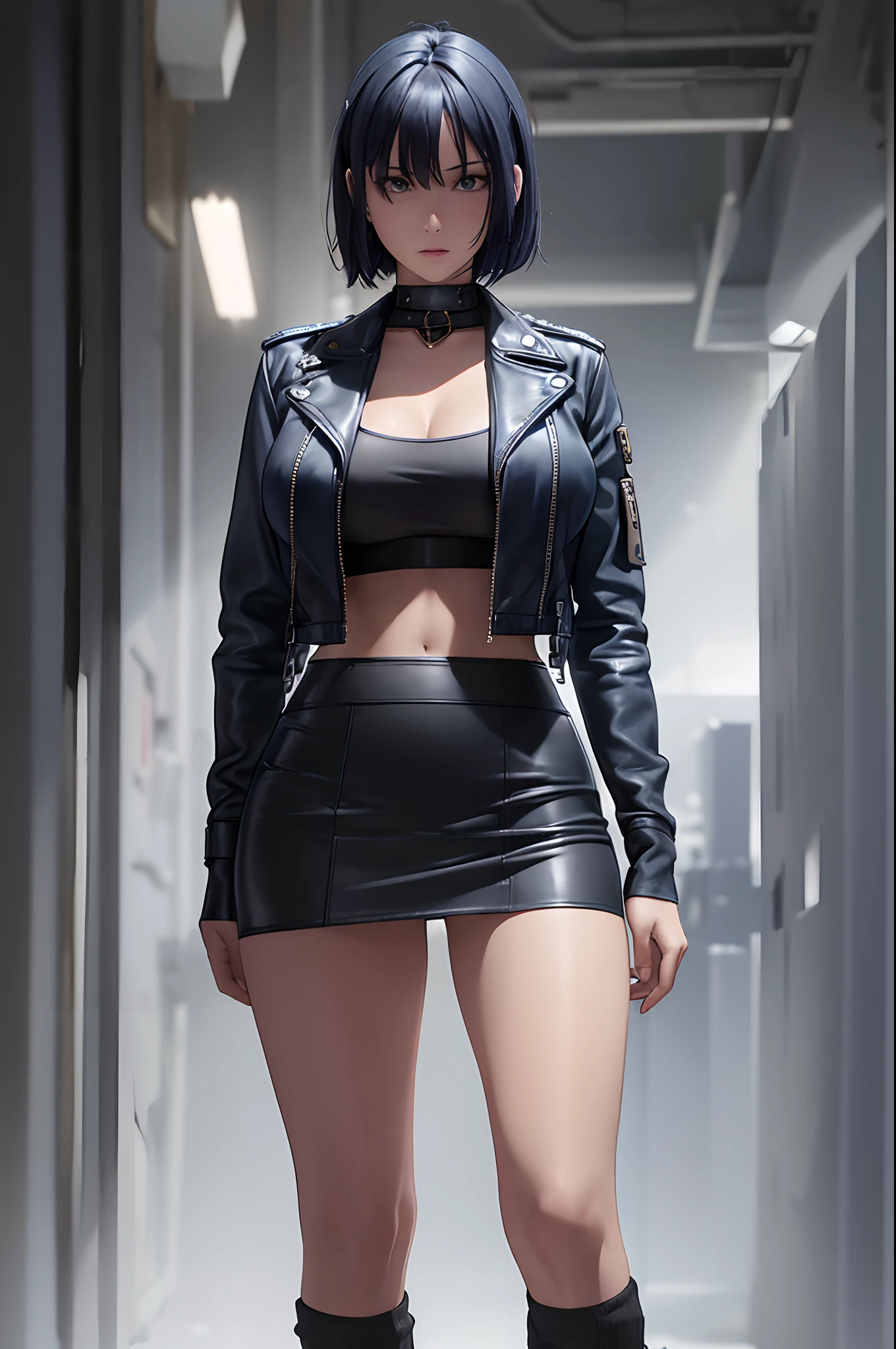 (((Wearing Black Leather Jacket:1.5, Wearing Black Leather shorts:1.1, Wearing Slightly open sheer shirt:1.1, Black knee-length pantyhose:1.1))), highly detailed, Nier Automata character 2b Face, silver short hairstyle, Asymmetrical bangs, ((blindfold, black blindfold:1.2)), Big Ass, Slightly slim woman, posing like a model, breathtaking beauty, Beautiful and graceful features, dark color sexy lingerie, (((Blue sky:1.1))), glowing skin, ((rainbow appears:1.2)), dreamy and fantastical atmosphere, fantasy, beautiful flowers and crystals, Art with precise detail, Futuristic, (moist pink lips, Slightly parted lips), perfect proportions, thigh gap, natural side lighting, Highly detailed CG, Realistic texture, ((masterpiece, best quality, digital imaging, high resolution photography)), ((solo portrait)),