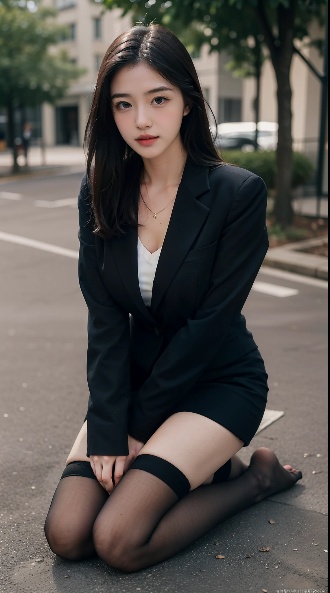 (Photoreal: 1.4), (Hyper-realistic: 1.4), (Realistic: 1.3), (Smooth lighting: 1.05), (Improved cinematic lighting: 0.9), 32K, 1 girl, 20 year old girl, Realistic lighting, Backlight, Face Light, raytrace, (Whitening light: 1.2), (Image enhancement: 1.4), ( Top quality real skins: 1.4), Narrow eyes, Fine face, Narrow eyes, (Body Line Mood Increase: 1.1), Oversized breasts, (Skin Texture Enhancement Beauty: 1.1), Office Uniform, Office Clothes, Black Stockings, Outdoor Scene, Sedentary