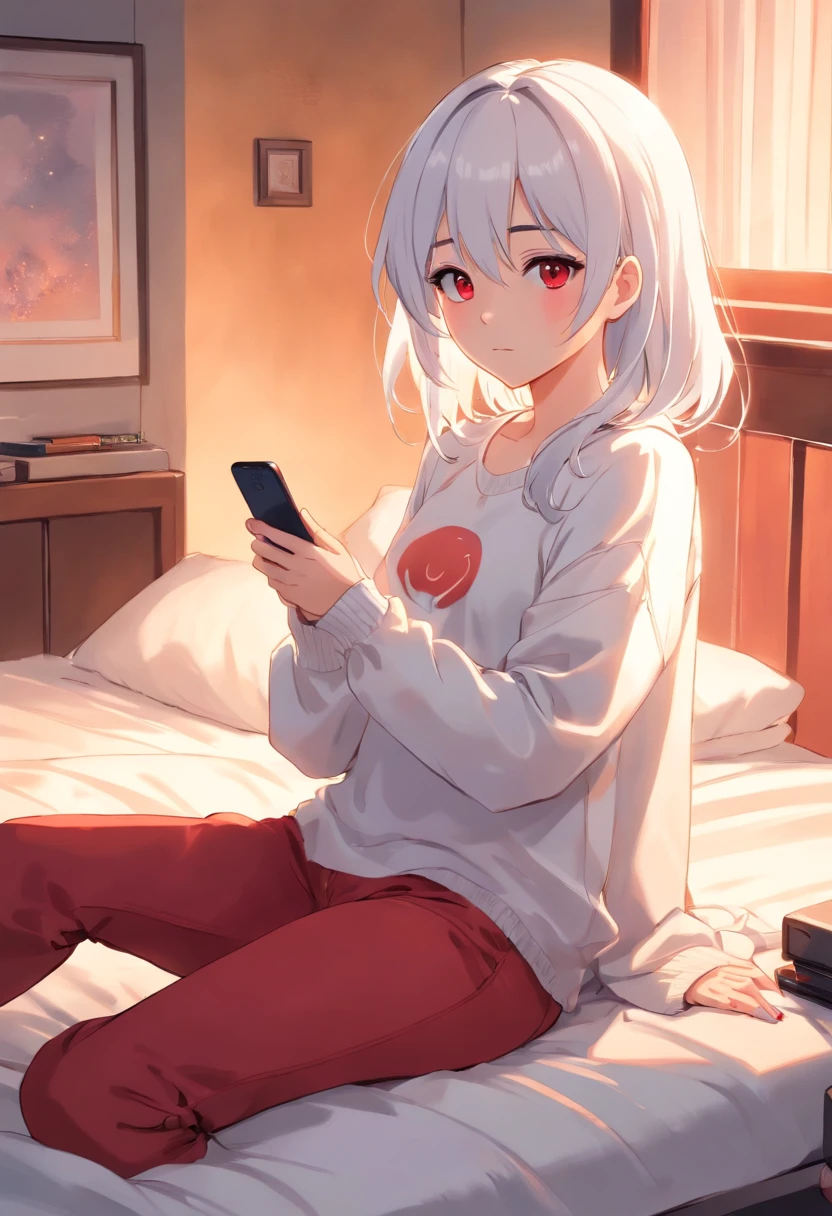 Girl with white hair and red pupils，Wearing cartoon long sleeves and long pants, Sitting on bed playing with mobile phone