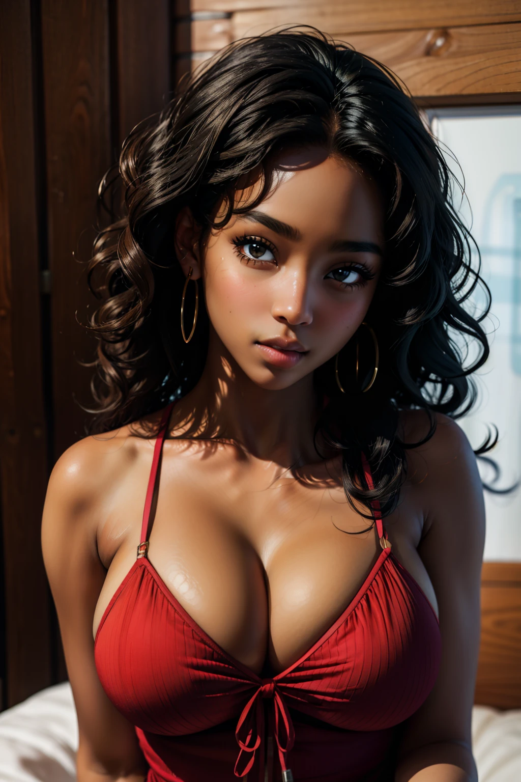 (masterpiece, best quality), ebony 1girl, beautiful face, Kimberly_jackson, freely wavy hair, confused, upper body,