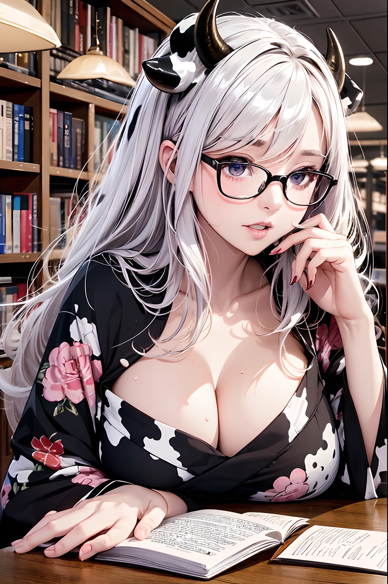 16K Ultra High Definition
Super detailed
The best of the best
Shiny detailed hair
Beautiful human woman with long hair
Super Big plump meat
Black and white cow print kimono
Cow ears and cow small horns
Shiny skin
Red cheeks
Moisturized eyes
Wearing glasses
Reading a book at a desk
Rich breasts on desk on library background