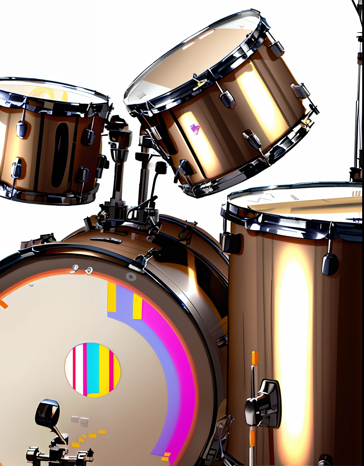 a close up of a drum set with a black background, drum kit, drums, drum set, drumkit, multiple bass drums, bass drum, detailed zoom photo, gradient brown to white, drummer, gradient brown to silver, portrait shot, heavy two tone shading, pearl, jazz, detailed shot, playing drums, on black background, medium closeup, soft shading, Random, psychedelic, in the style of Peter max