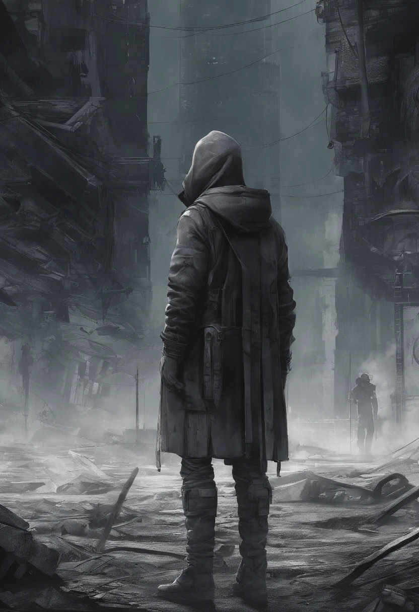 imperfect ilustration, Disappeared so cleanly),(Volumes pile up,Sighed),(Past lives are not much different,Lost myths)), cinematic, tempered fade, boy, hoodie,