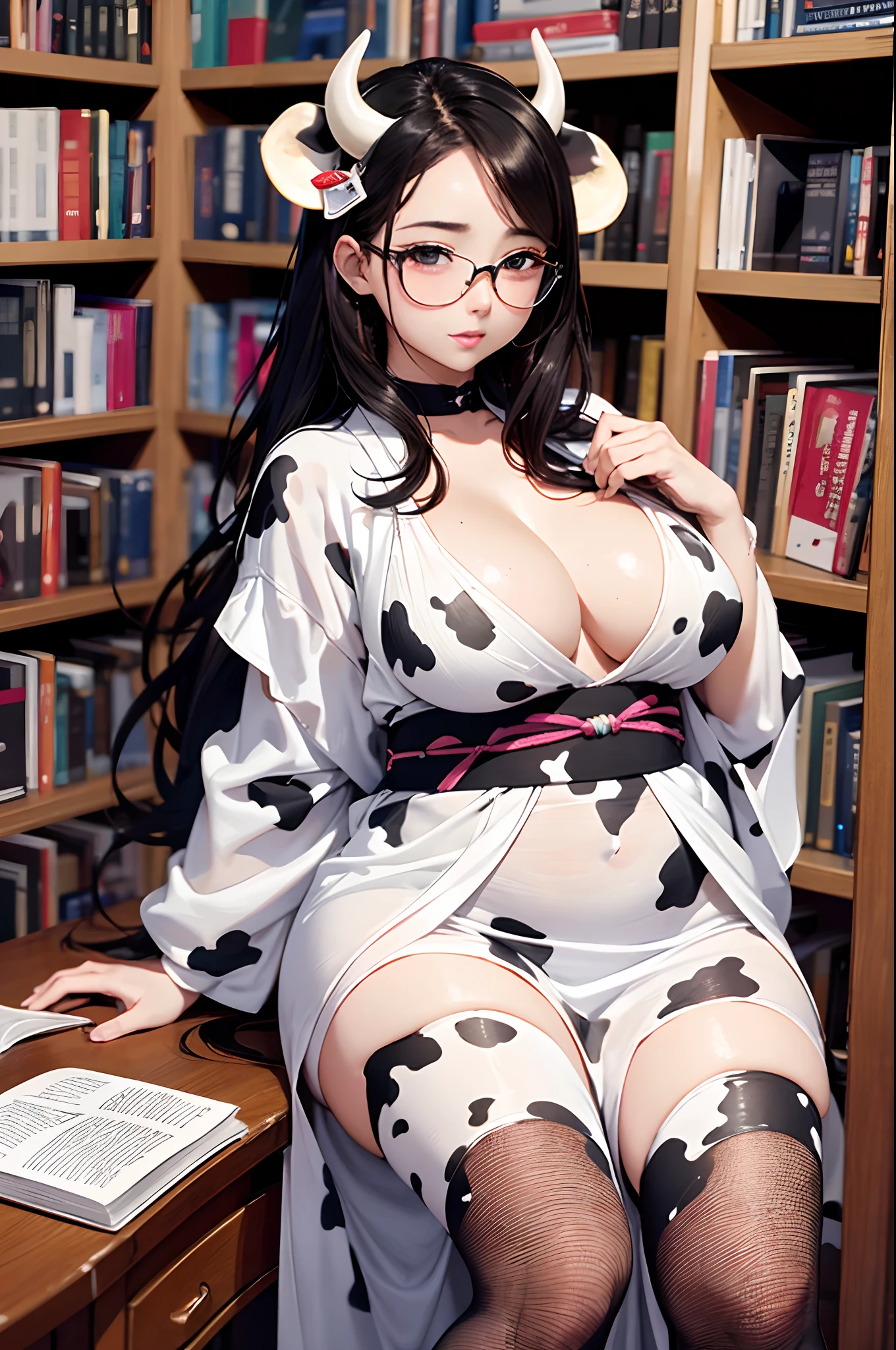 16K Ultra High Definition
Super detailed
The best of the best
Shiny detailed hair
Beautiful human woman with long hair
Super Big plump meat
Black and white cow print kimono
Cow ears and cow small horns
Shiny skin
Red cheeks
Moisturized eyes
Wearing glasses
Reading a book at a desk
Rich breasts on desk on library background