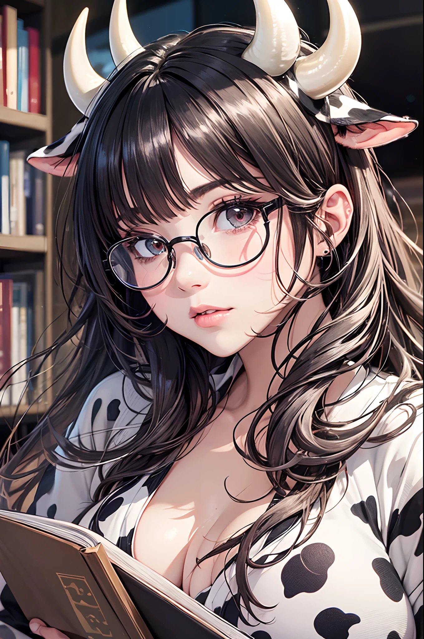 16K Ultra High Definition
Super detailed
Masterpiece Full Color
Shiny detailed hair
Beautiful human woman with long gray hair
Super big breasts beautiful breasts、Sleeping on the floor、Super big ass facing the camera、The floor is large、The floor is strewn with books、
Sexy little underwear with black and white cow print
Cow ears and cow small horns
Shiny skin
Red cheeks
Moist eyes and embarrassed expression
Wearing glasses
tongue、Seduce with a bewitching smile
The background is the library