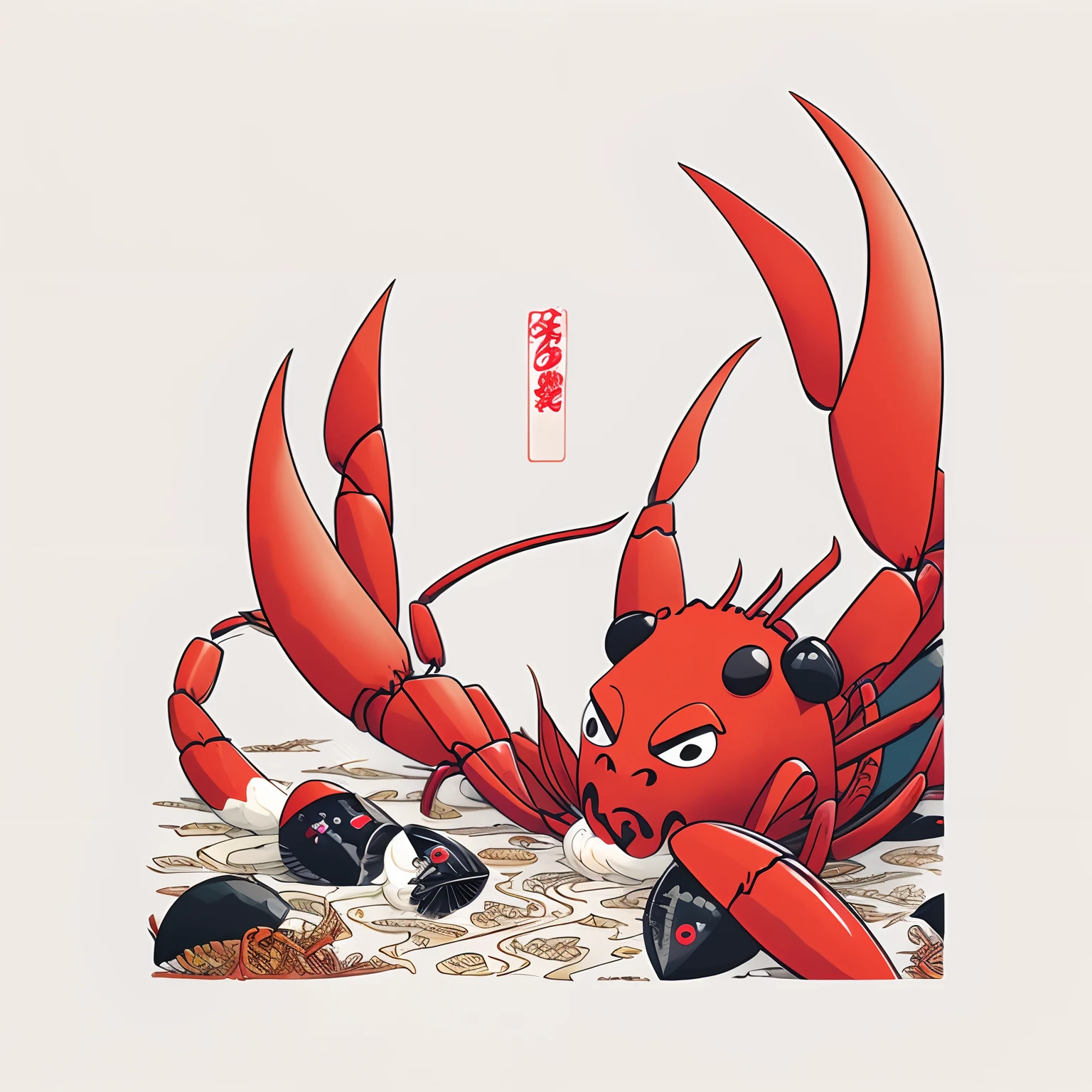 There is a red lobster，Japanese characters are written on it, lobster, crustacean, headcrab, crabcore, crabs, Japanese cartoon style, shikishi, Japanese illustration, full color digital illustration, in the art style of ukiyo - e, ukiyo-style