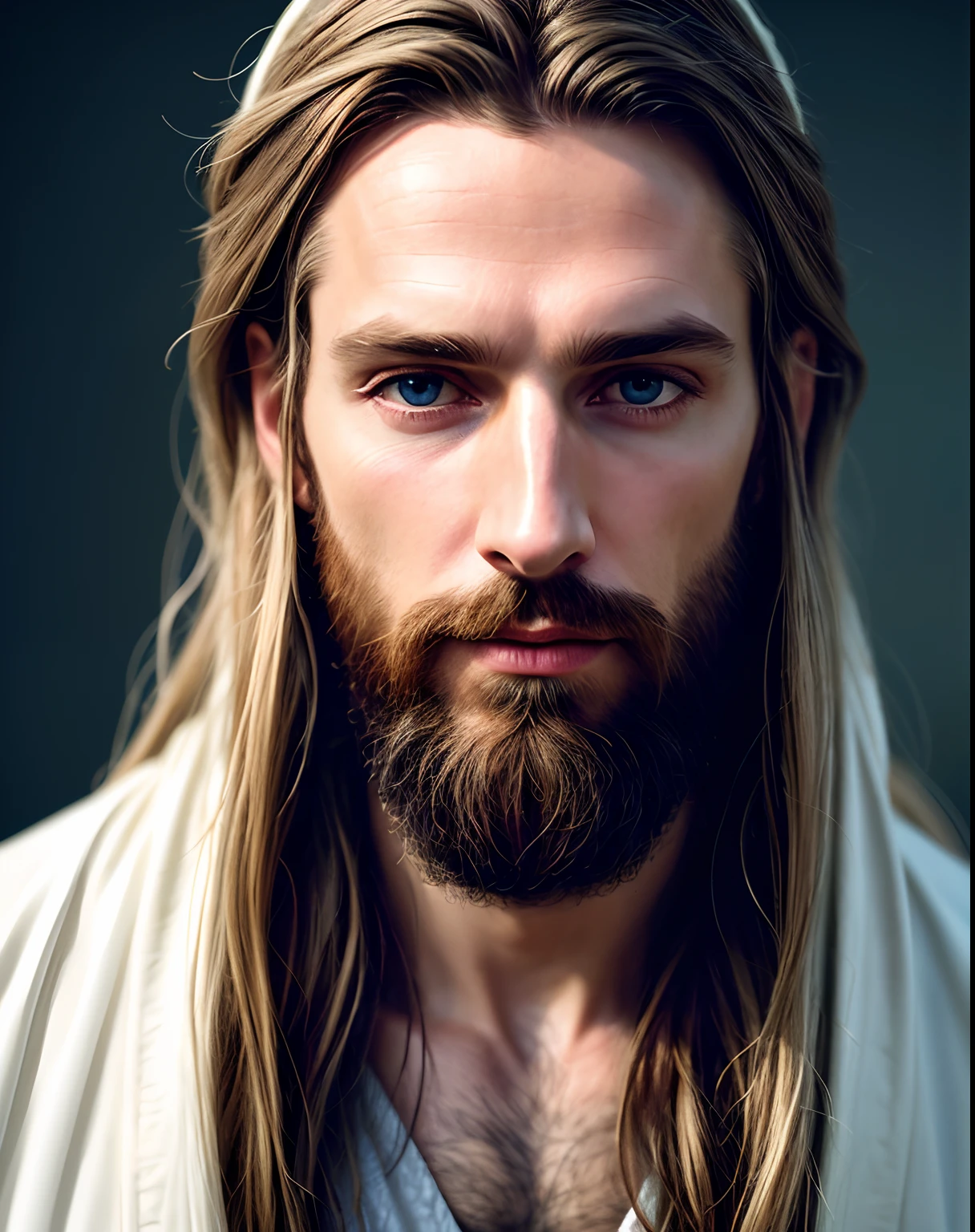 (symetry),Centered,A ((Close)) Upward portrait,(Jesus),A very thin white man,with long hair and beard,Wearing a long white robe,35mm,Natural skin,clothes details, 8K texture, 8K, insanely details, Intricate details, Ultra-detailed and highly detailed,Realistic,Soft cinematic light,hdr,Sharp focus, ((((Cinematic look)))),Intricate, elegant, Highly detailed