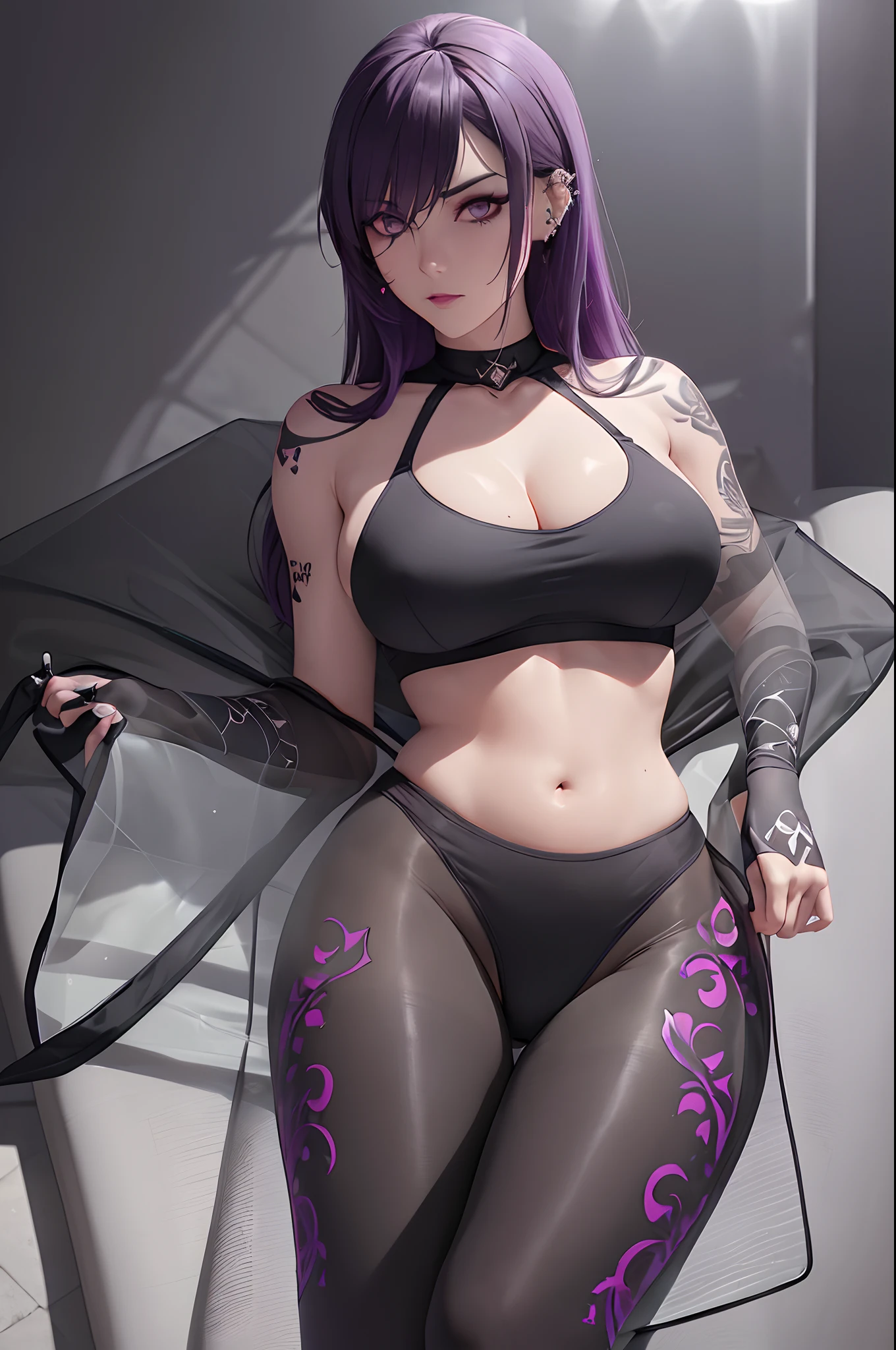 (Athletic:1.2), (large breasts), (cute goth woman), (goth makeup), (sports bra and leggings), (translucent fabric:1.5), (detailed cameltoe), (in a living room), (8K wallpaper), best quality, high resolution, (sharp focus), (vivid colors), (soft lighting:1.1), (intense gaze), (long purple hair), (tattoos:1.1), (piercings:1.2), (leather couch), (dark atmosphere), (abstract paintings), (lush plants), (dramatic shadows), (tasteful eroticism), (confident posture), (feminine charm), (seductive expression), (subtle sensuality), (artistic interpretation), (captivating beauty).