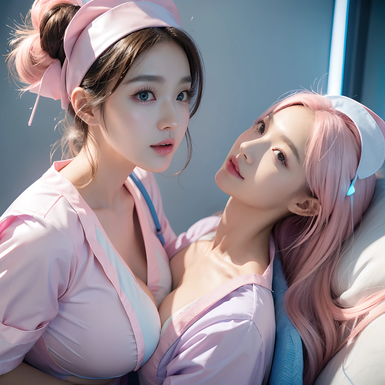 Masterpiece、(A futuristic hospital room with dazzling blue LED lighting)、((There are many nursing assistants))。(Wearing a light pink nurse outfit:1.5)。40k、a picture、masterpiece、top-quality、(Gorgeous hair)。soft chest and white skin、Beautiful Japan woman in different poses。((huge tit:1.2))、((Very soft breasts))、hyperdetailed face、A detailed eye、cabelos preto e longos、Near future wards、