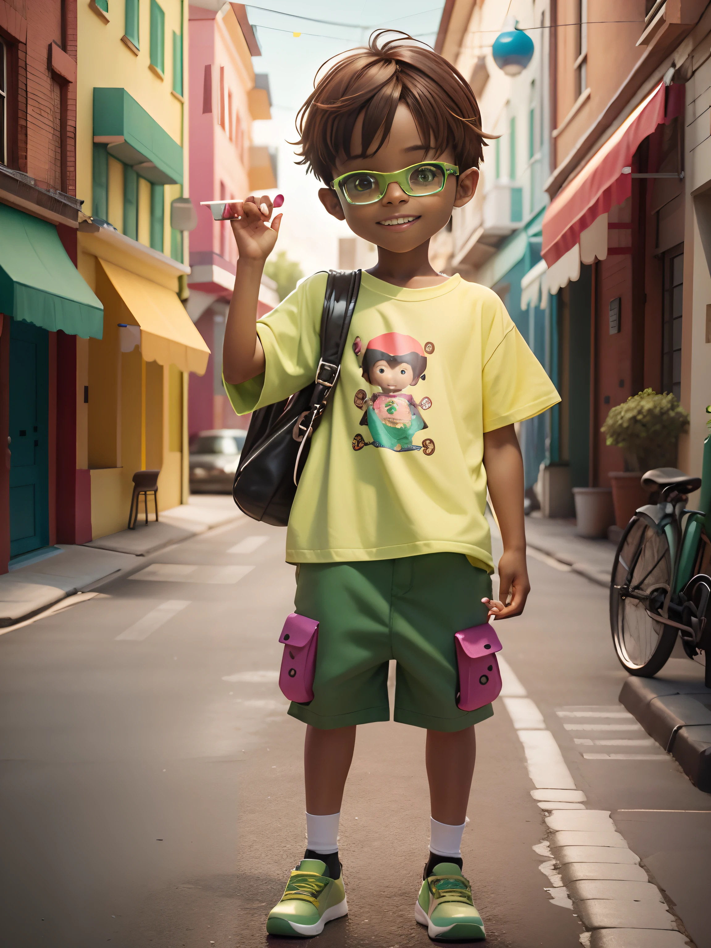 A boy, 3d toy, 3d rendering, brown hair, brown skin, smiling, happy, cute, little child, boy hold a toy, ( wearing green eye glasses ), green t-shirt, white trousser, mask, simple background, best quality, blender, 3D MODEL, TOYS, VIVID COLORS, STREET STYLE, HIGH RESOLUTION, A LOT OF DETAILS, CANDY COLORS, BIG SHOES, FASHION TRENDS, ART