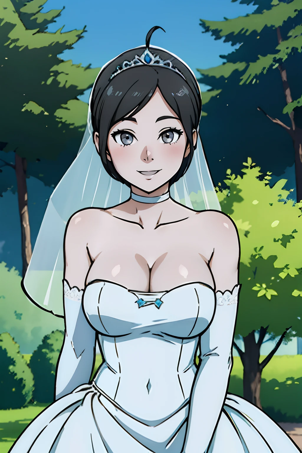 wiifittrainer, hair between eyes, ahoge, pale skin, grey eyes, grey hair, star \(symbol\), hair ornament, dress, cleavage, bare shoulders, collarbone, long white elbow gloves, white gloves, white dress, white choker, strapless, tiara, veil, strapless dress, wedding dress, bridal veil, beautiful woman, perfect body, perfect breasts, wearing a wedding dress, ball gown, in the park trees, wedding decorations, a in love smile, realism, masterpiece, textured skin, super detail, high detail, high quality, best quality, 1080p, 16k