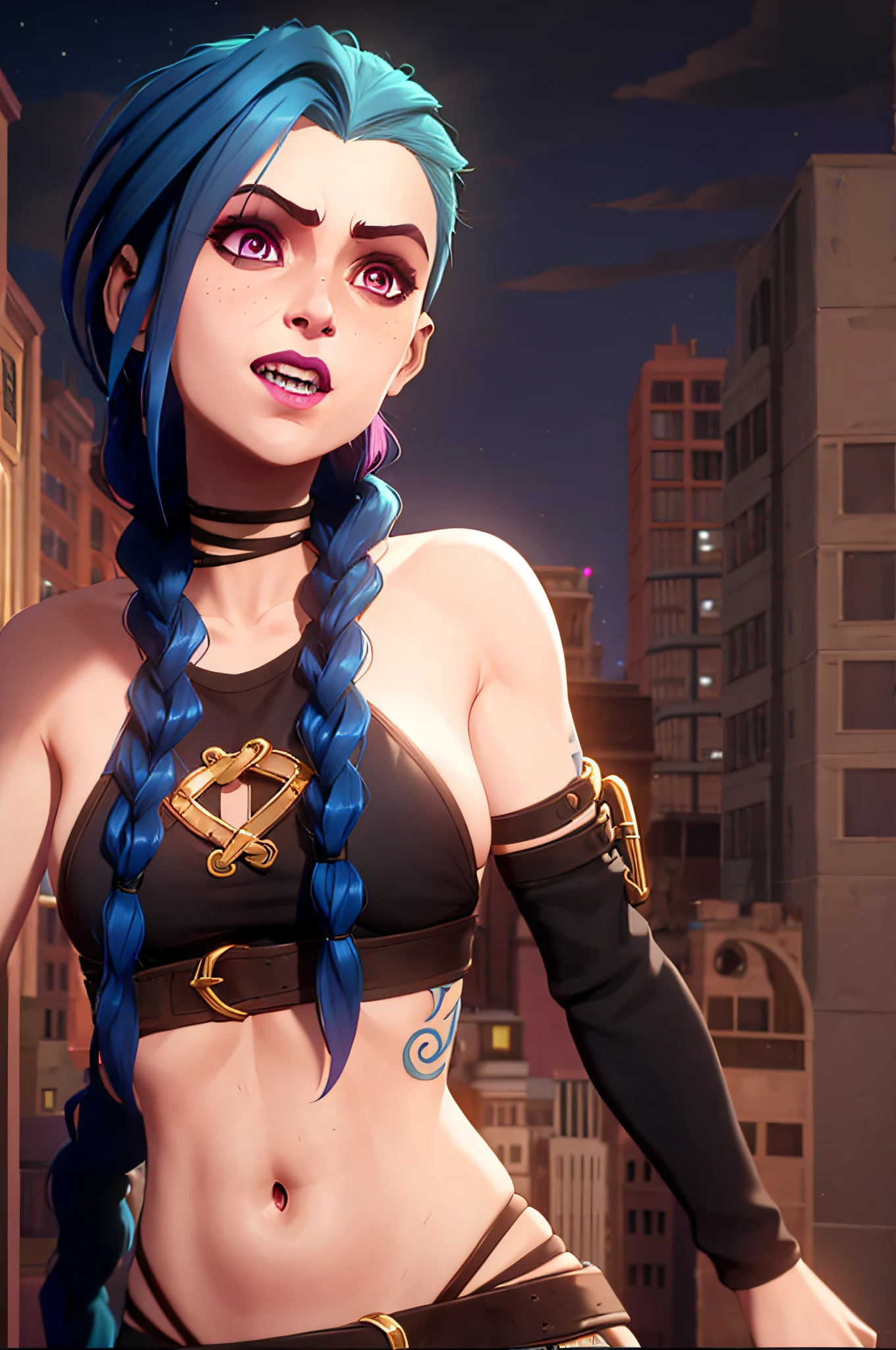arcane style,

1girl, arm tattoo, asymmetrical bangs, bangs, blue hair, braid, brown shirt, cloud tattoo, looking at viewer, laughing, crazy, uncontrollable laugh, mad look, night, city, green hair, long hair, midriff, pink eyes, red lips, shirt, solo, standing, tattoo, twin braids, upper body, arcane jinx, jinx \(league of legends\)