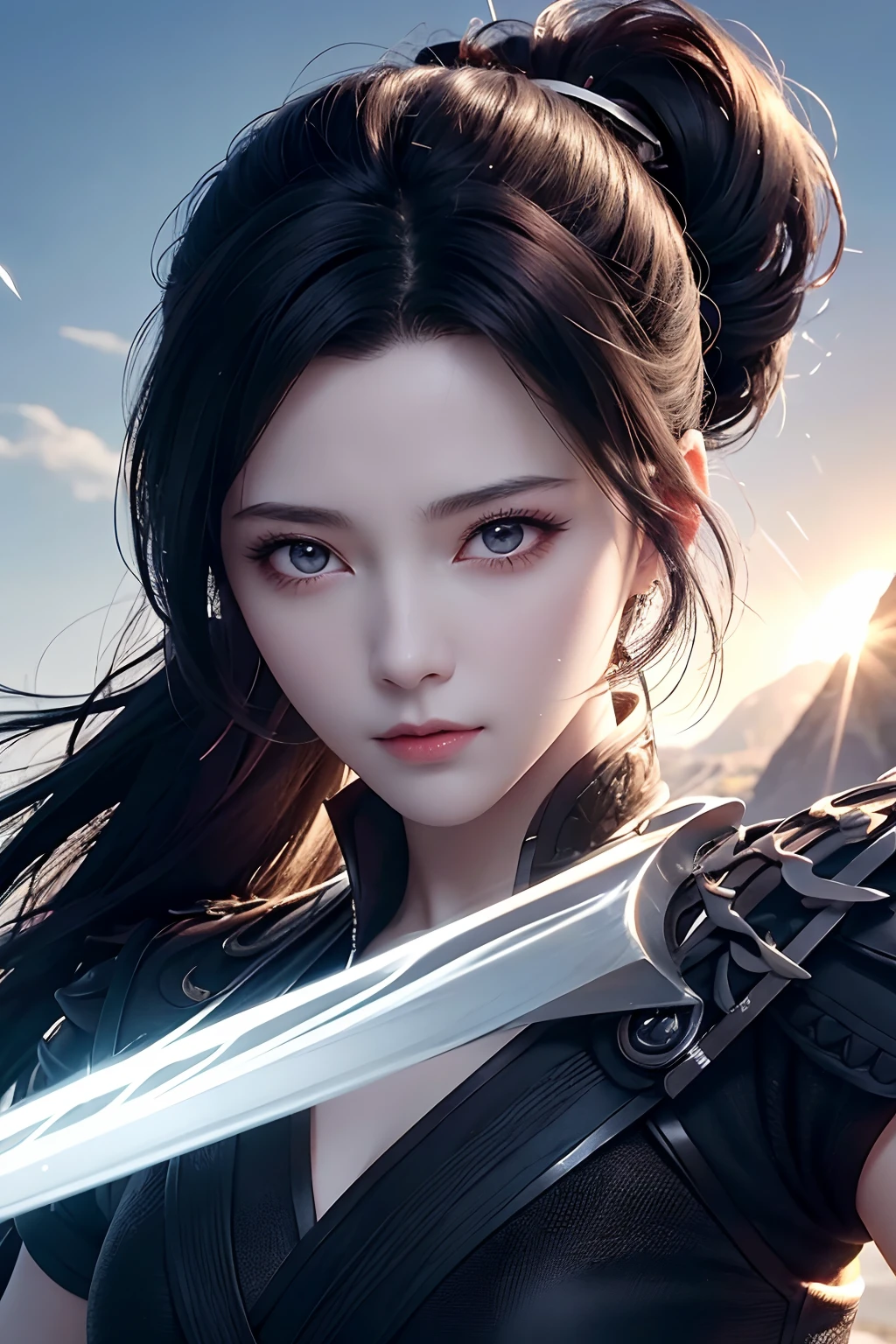 Men and women in Tulle Hanf, Woman with sword against man, Black hair, Short ponytail, Onyx-colored eyeballs, texture details, Glowing skin, Sun, Spinning Feather Sword, Motion blur background, Backlight, 8K, Super Detail, masutepiece, Best Quality