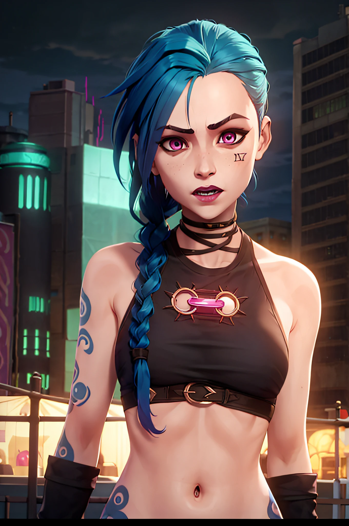 arcane style,
1girl, arm tattoo, asymmetrical bangs, bangs, blue hair, braid, brown shirt, cloud tattoo, looking at viewer, laughing, crazy, uncontrollable laugh, mad look, night, city, green hair, long hair, midriff, pink eyes, red lips, shirt, solo, standing, tattoo, twin braids, upper body, arcane jinx, jinx \(league of legends\)