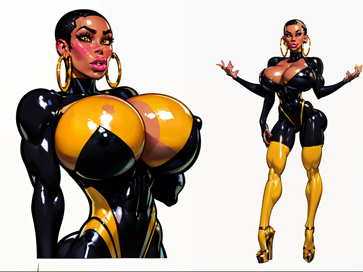 ((masterpiece)),(((best quality))),((character sheet)), ((full body view)) ((black woman)) ((skinhead:1.4)) ((confident pose)) mature face, defined cheekbones, high cheekbones, illustration, girl, muscular, ((bald:1.4)), sexy bimbo, (gigantic breasts:1.7), ((detailed face:1.4)) beautiful woman, (yellow leotard:1.4), (gold hoop earrings:1.6), (thighhighs:1.4) (yellow lips:1.6) , shiny skin, scribbles and marks,(puffy lips:1.5) , rough sketches, 8k,16k, (simple background, white background: 1.3), yellow and black color palette, (black skin:1.5)