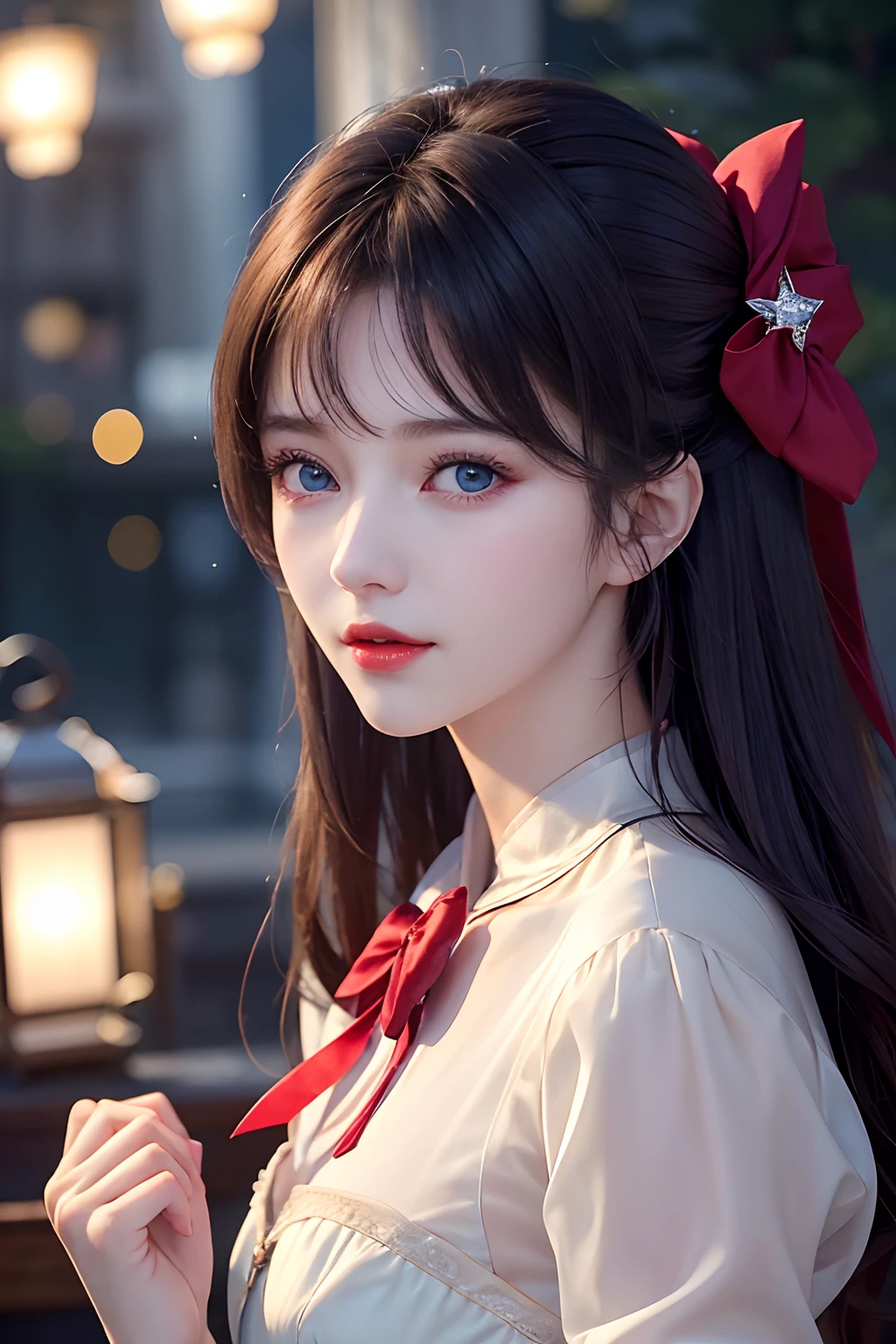 (Extremely delicate and beautiful: 1.2), 1girl in, Bangs, Blue eyes, blur, blur backgroun, Bow, Brown hair, Shut up, Side view, hair between eye, Hair Bow, lantern, light Particle, Long sleeves, Watch the audience, Medium Hair, Night, Red bow, Solo, Stars(symbol), Upper body, Smile, Red lips