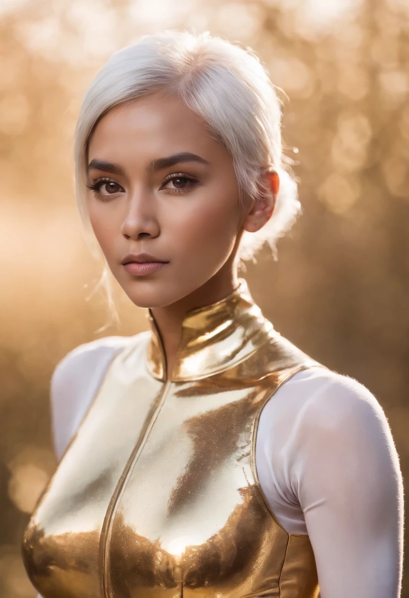 A 13 year old girl, dark skin, native American, very short hair with bangs, white hair, liquid golden bodysuit high collar, strong jaw, cheekbones strong, long eyelashes, purple irises, superhero, gold suit no seams, liquid metal gold suit with high collar, superhero suit gold liquid fully covered, native American, freckles, natural white hair, dark skin, gold turtleneck suit, skintight, stark white hair, bushy eyebrows, tan skin