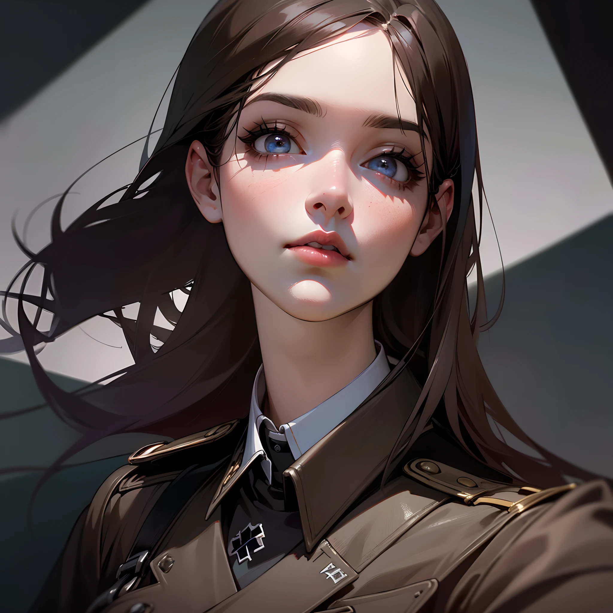 (best quality,highres,masterpiece:1.2),ultra-detailed,(realistic,photorealistic:1.37),A girl in a SS uniform, holding a pistol, beautifully detailed eyes, beautifully detailed lips, extremely detailed face, long eyelashes, confident expression, dark hair, neatly combed, sleek, tall and slim figure, crisp uniform with the iconic SS symbol, high leather boots, polished to a shine, iron cross insignia on the collar, background with military barracks, dimly lit with a hint of ominous atmosphere, dramatic lighting casting shadows on the girl's face, monochromatic color palette with a touch of red for the symbol, a sense of tension and secrecy in the air.